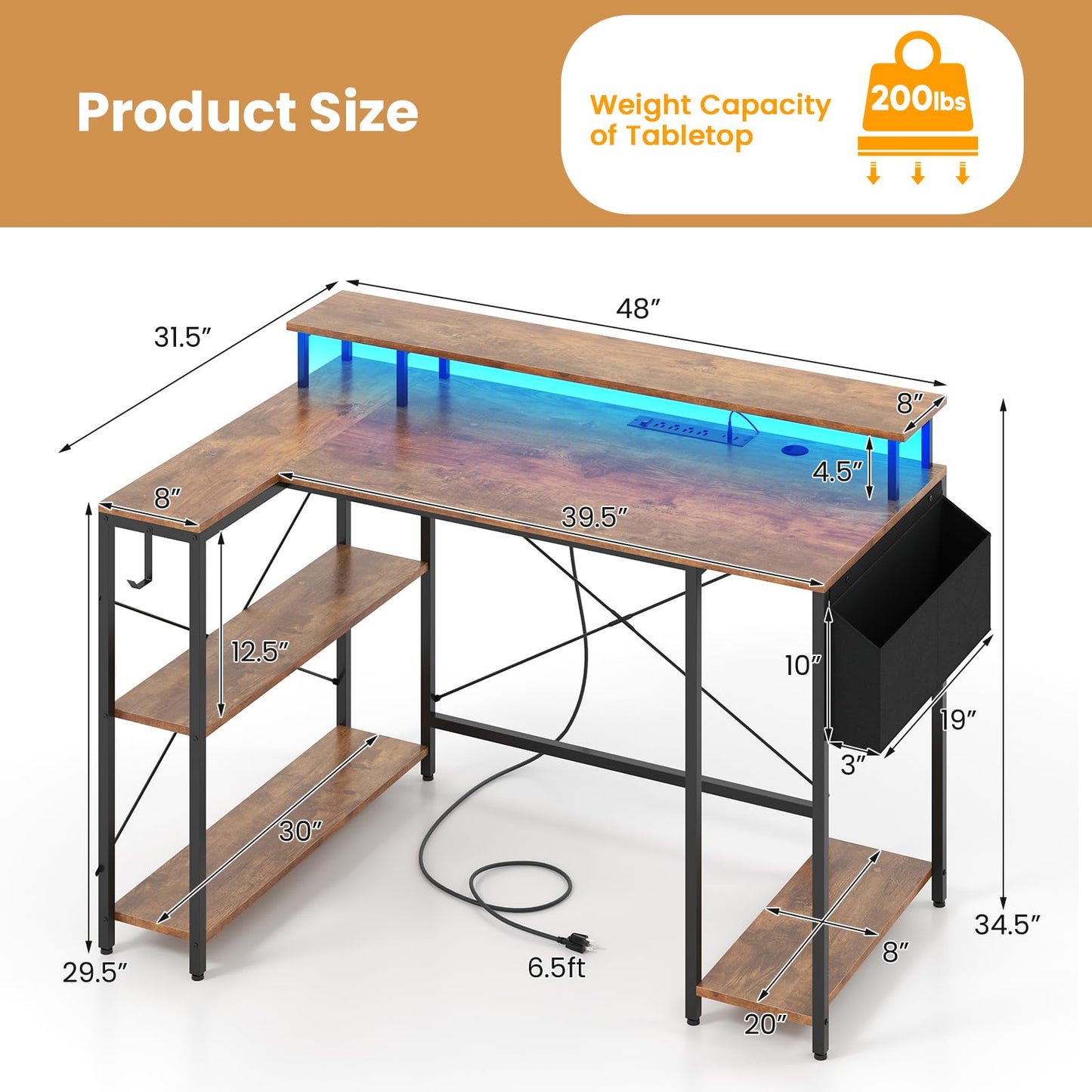 Tangkula L-Shaped Gaming Desk with LED Lights & Power Outlets