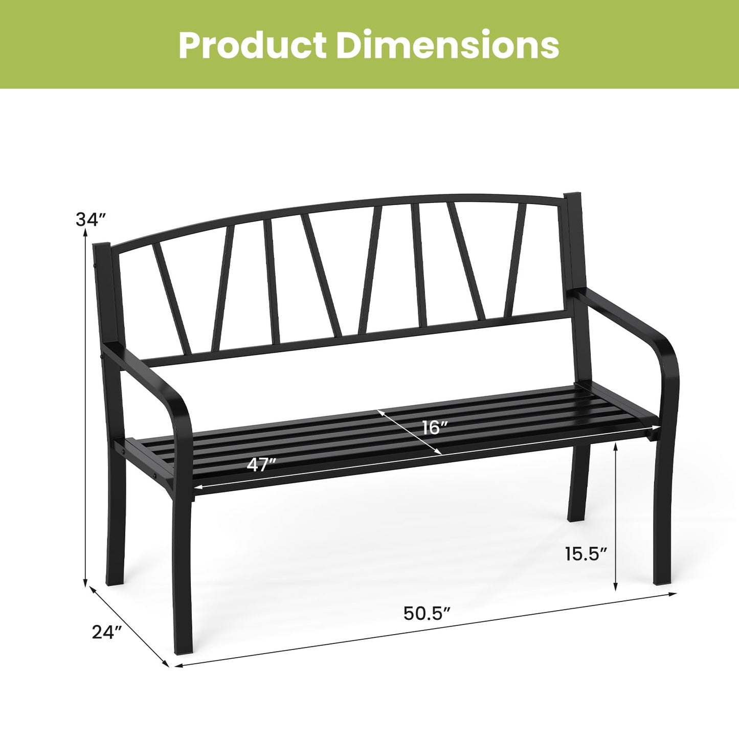Tangkula Metal Patio Park Bench with Curved Armrests
