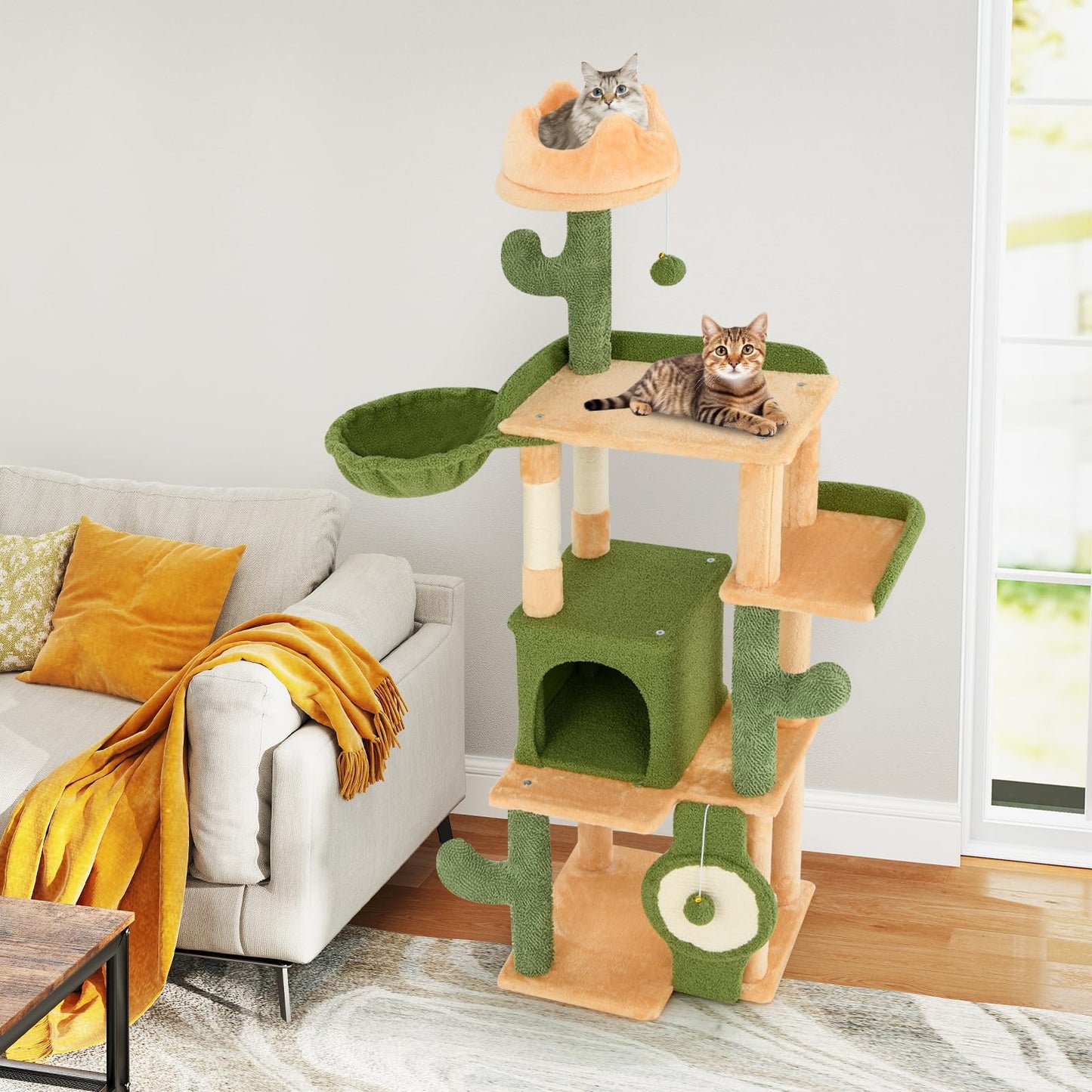 Tangkula Cactus Cat Tree, 63 Inch Multi-Level Tall Cat Tower with Sisal Scratching Posts & Board