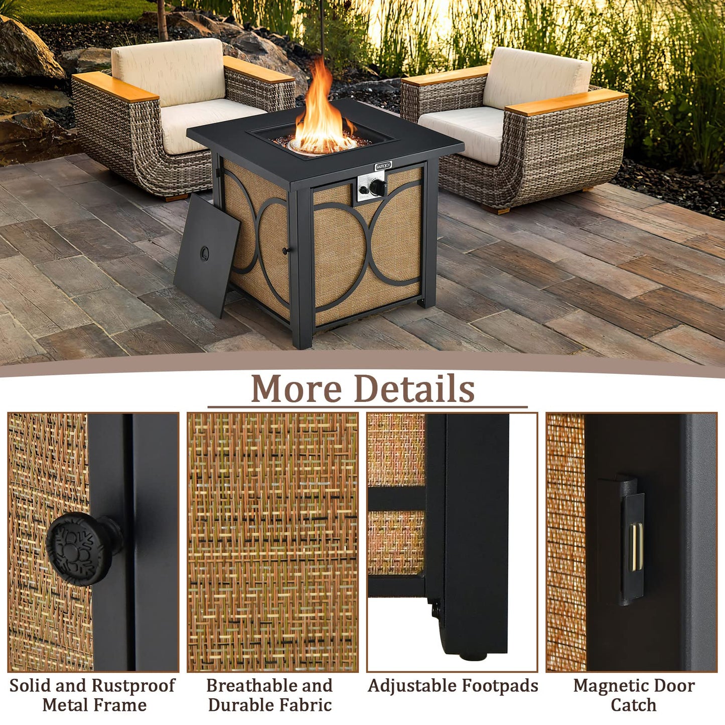 Tangkula 28 Inch Outdoor Square Fire Pit Table, Patiojoy 50,000 BTU Propane Gas Fire Table with Fire Glasses