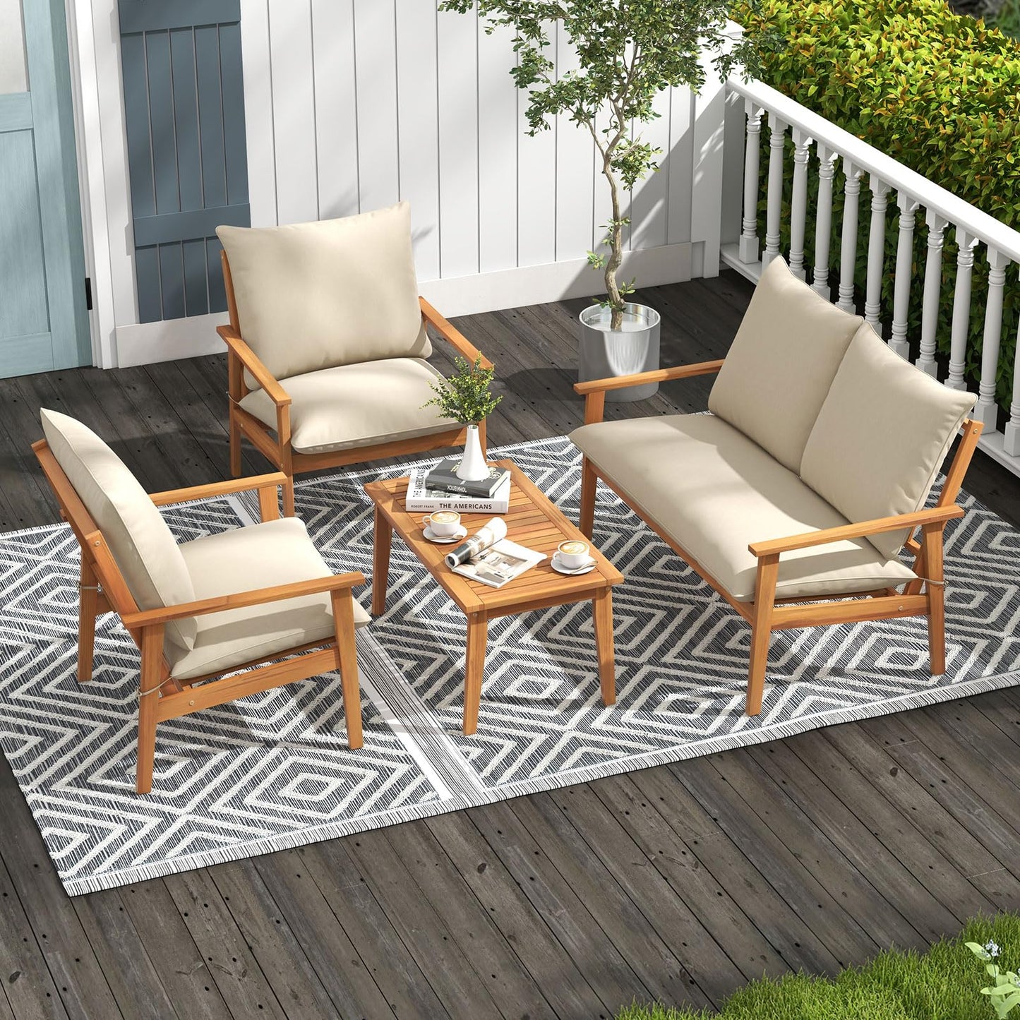 Tangkula 4 Pieces Patio Furniture Set Outdoor Acacia Wood Conversation Set