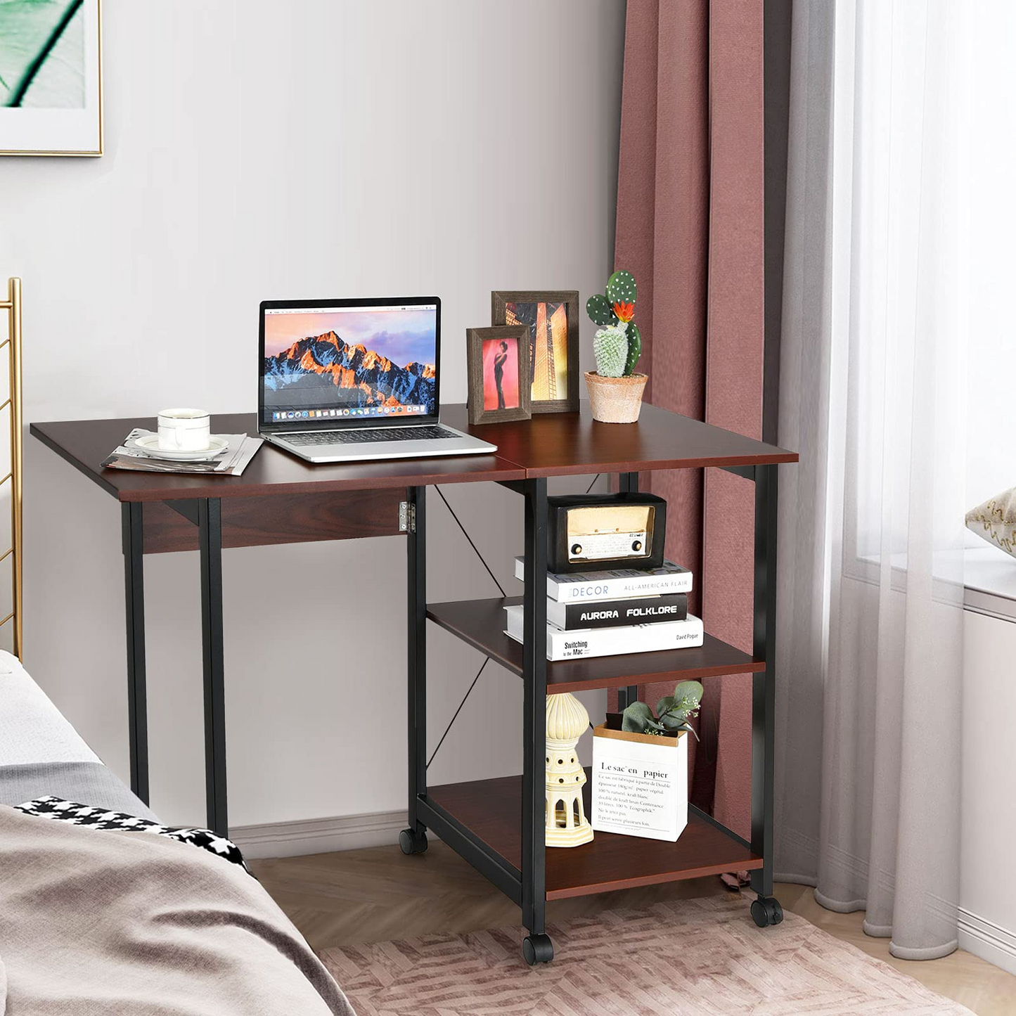 Tangkula Mobile Folding Computer Desk, Modern Writing Desk w/ 2-Tier Storage Shelves