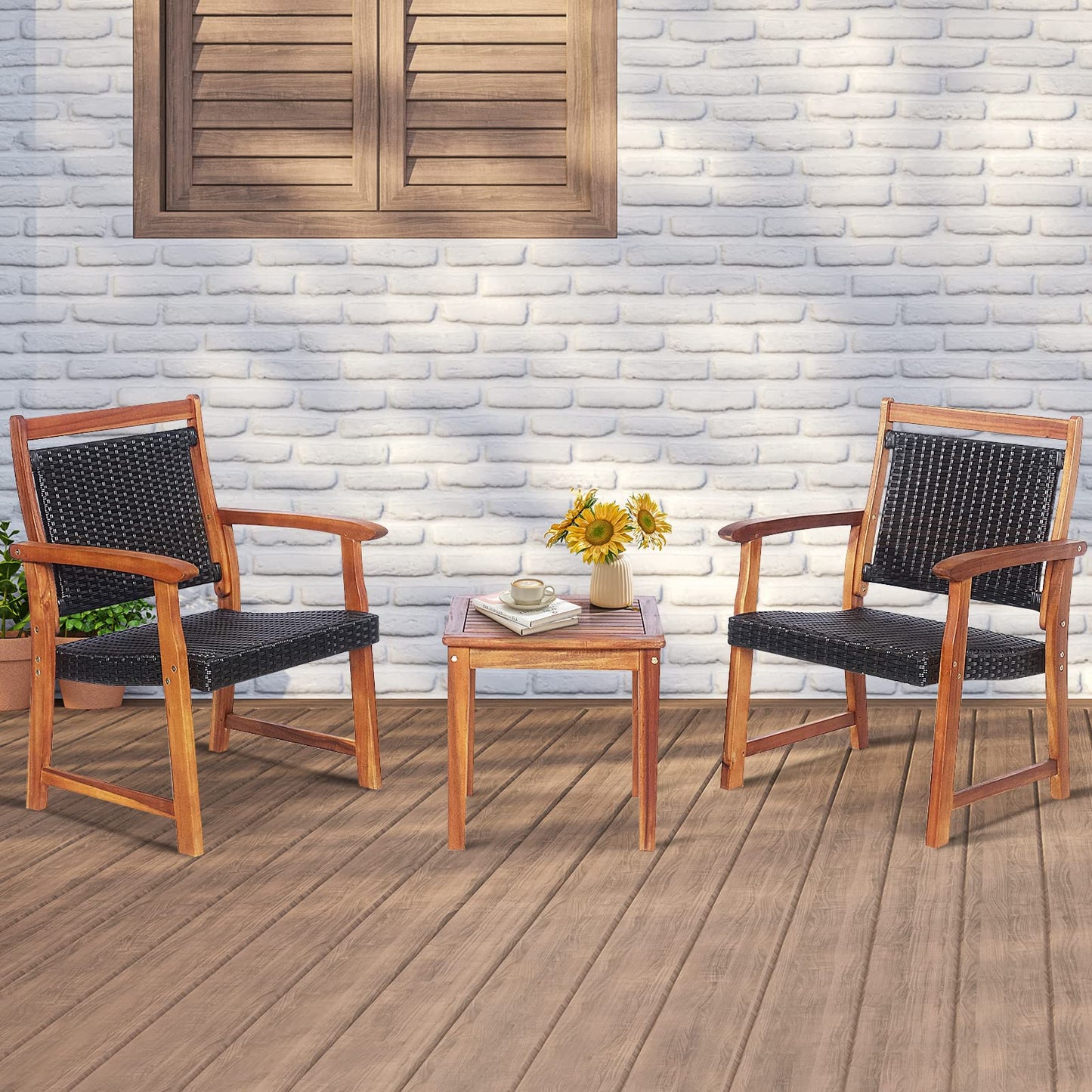 3-Piece Patio Acacia Wood Bistro Set, Patiojoy Outdoor Furniture Set with 2 Chairs & 1 Side Table
