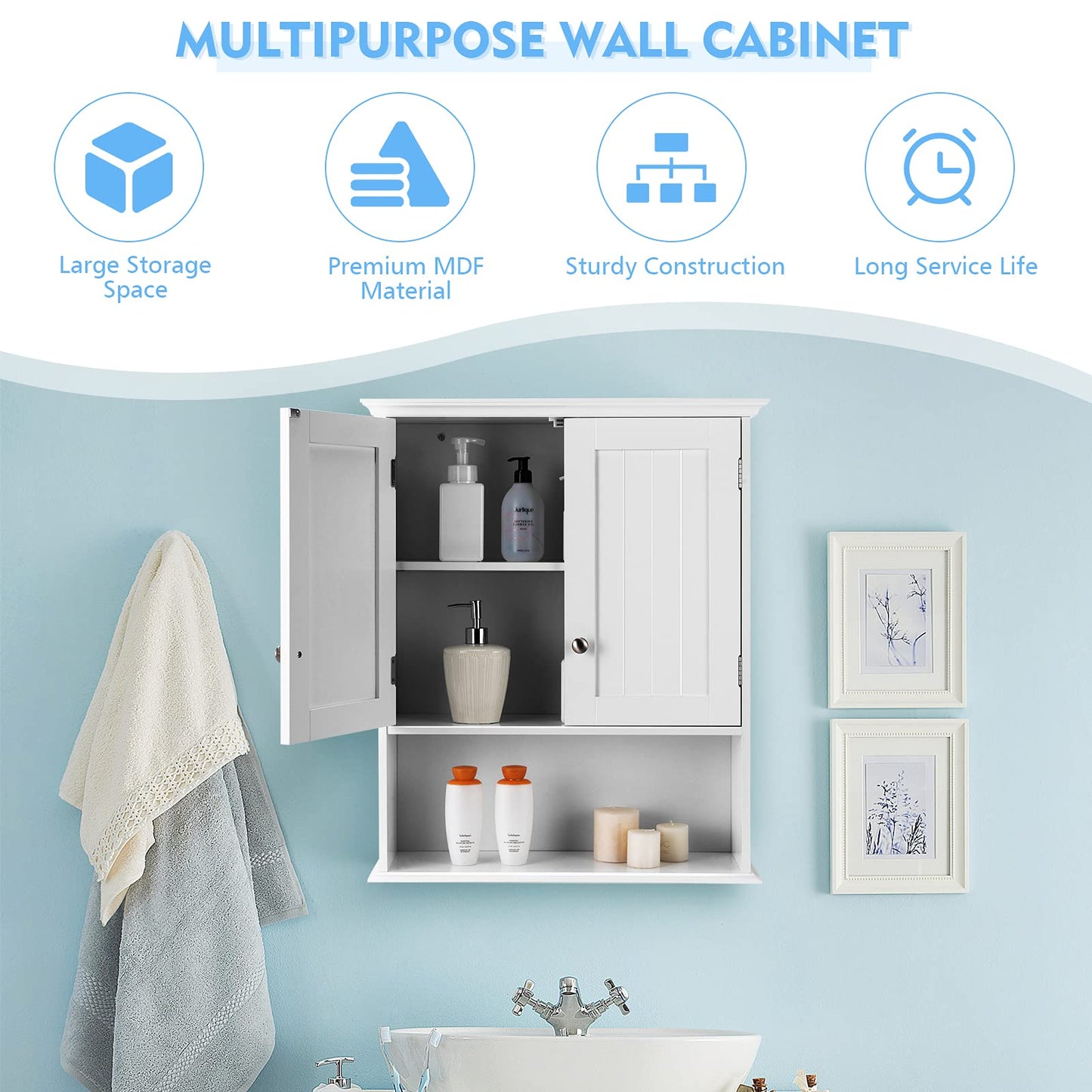 Tangkula Bathroom Wall Cabinet, Wooden Hanging Storage Cabinet with Doors & Shelves