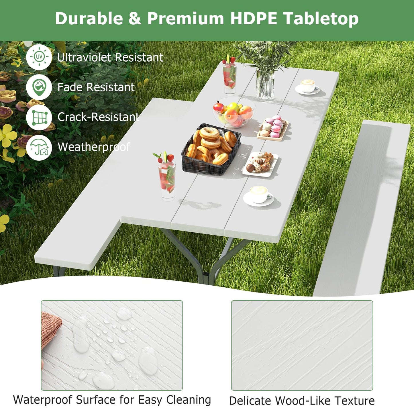 Tangkula 6 Ft Picnic Table, Outdoor Picnic Table with 2 Built-in Benches, Umbrella Hole, Metal Frame & HDPE Tabletop