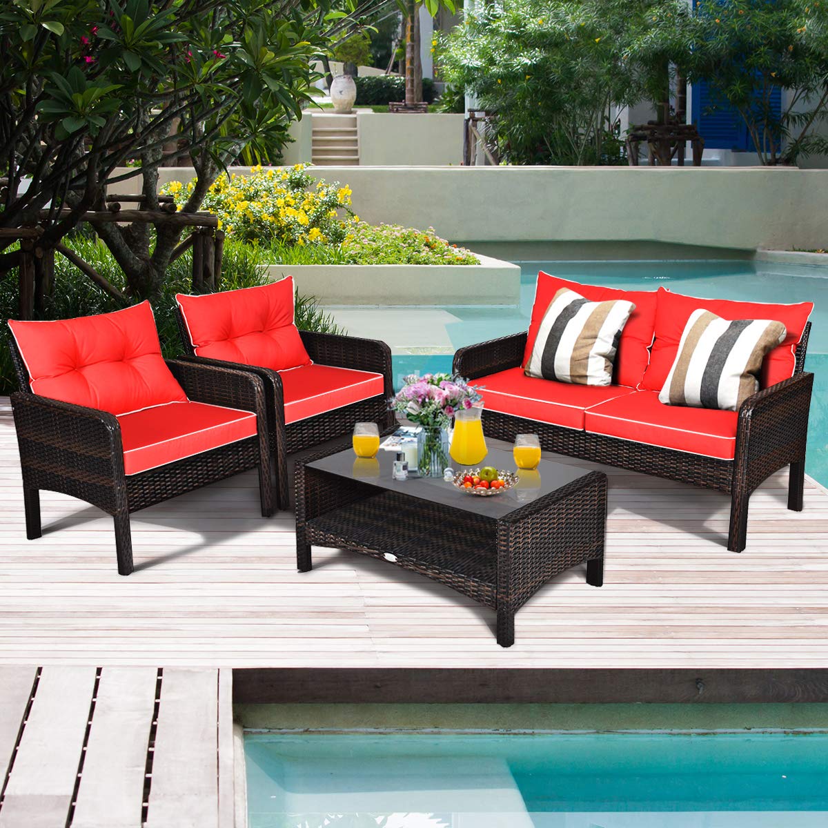 Tangkula 4 Piece Patio Furniture Set with Glass Top Coffee Table