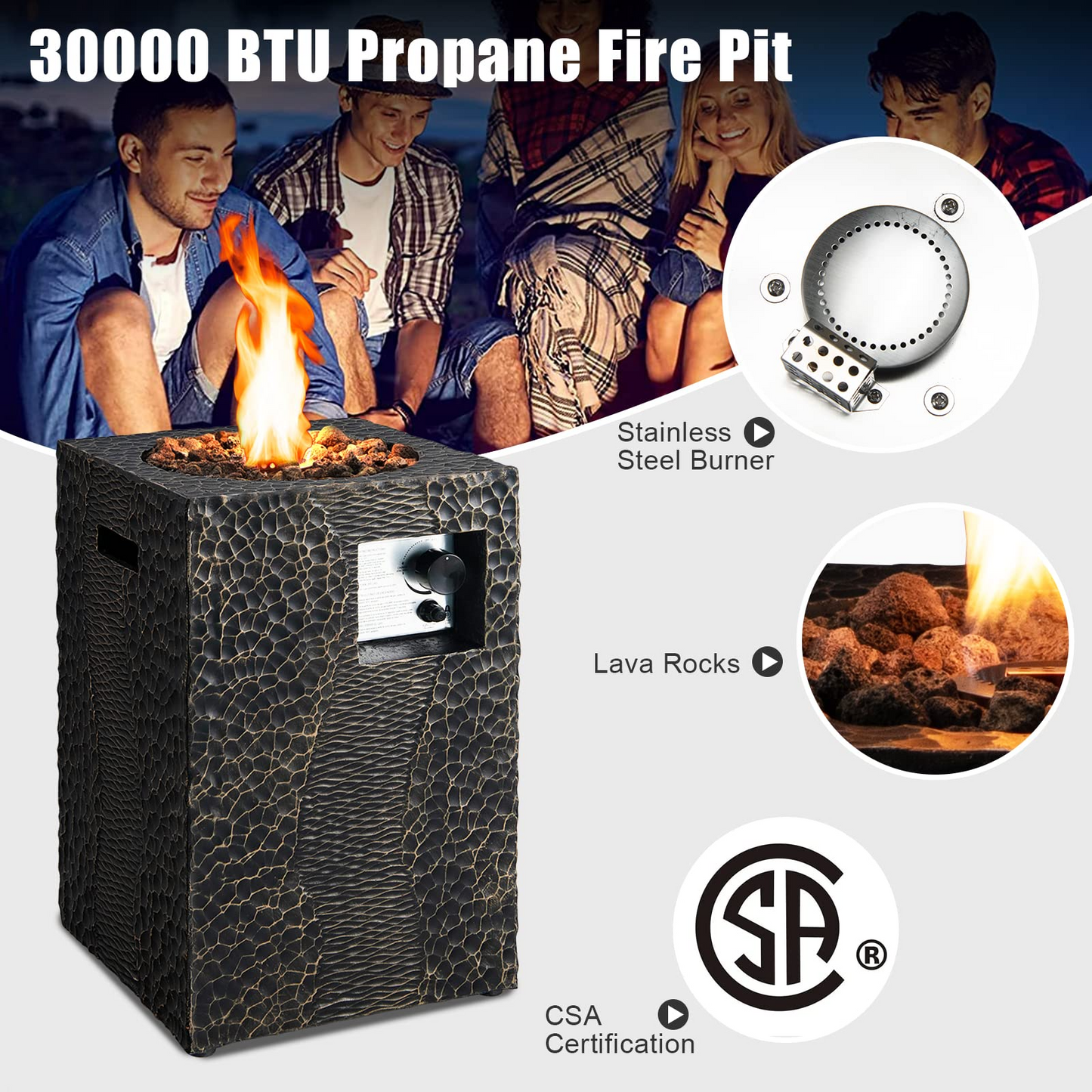Tangkula 16 Inch Patio Propane Fire Pit, Patiojoy Electronic Ignition Square Gas Fire Pit with Protective Cover