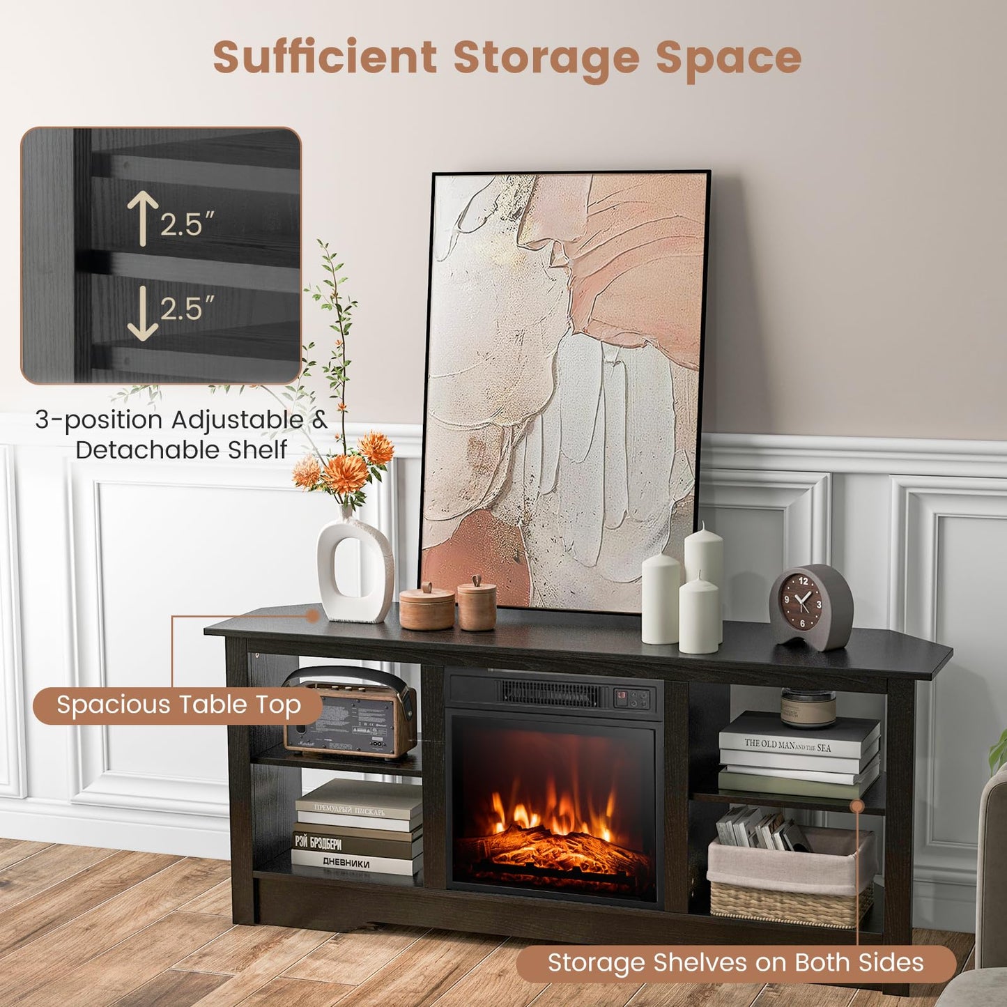 Tangkula 58” Fireplace TV Stand Home Entertainment Center with 18” 1400W Electric Fireplace