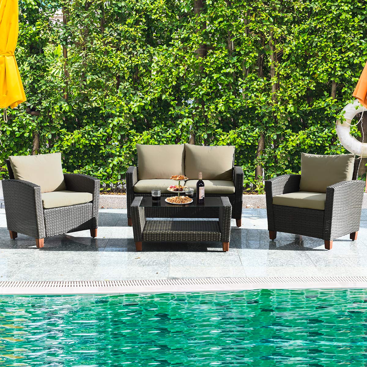 Tangkula Patio Rattan Furniture Set with Tempered Glass Coffee Table for Porch