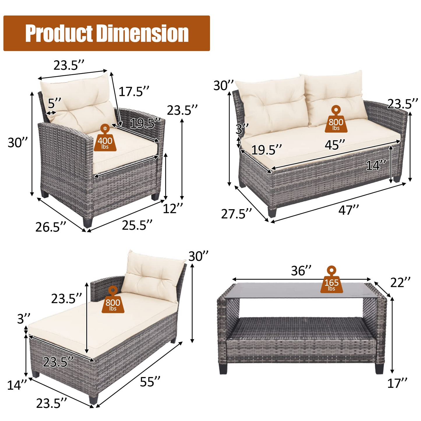 Tangkula 4 Pieces Rattan Conversation Set, Patiojoy Outdoor Furniture Set with Cushions, Lounge Sofa Set with Coffee Table