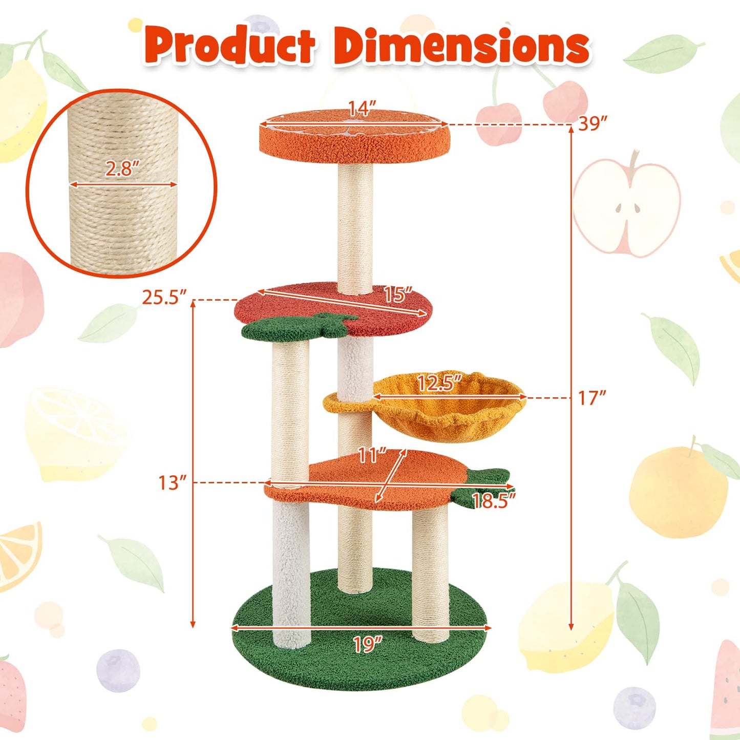 Tangkula Fruit Cat Tree Multi-Level Cute Cat Tower with Sisal Scratching Posts