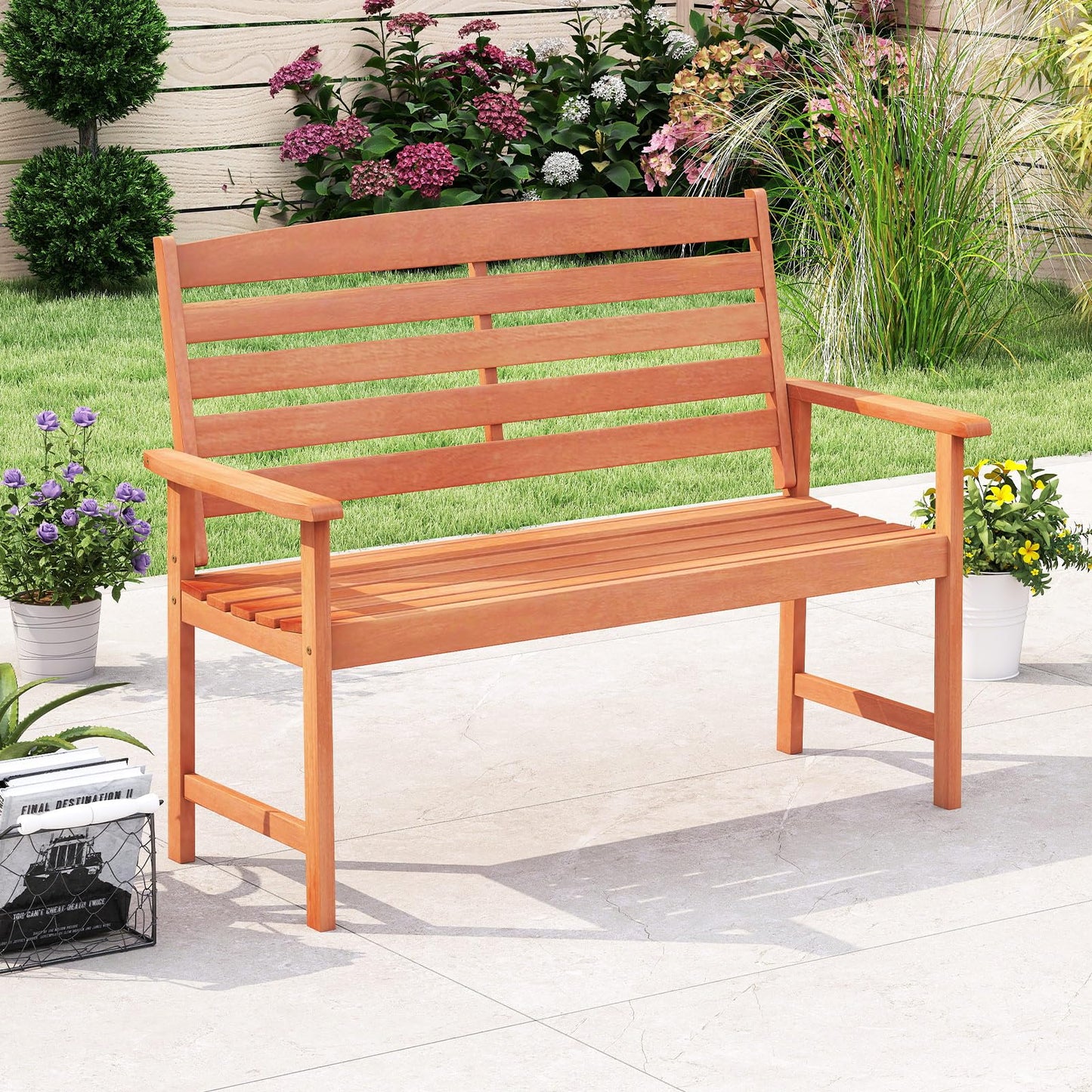 Tangkula Wooden Garden Bench, 2-Person Patio Loveseat with Slatted Backrest
