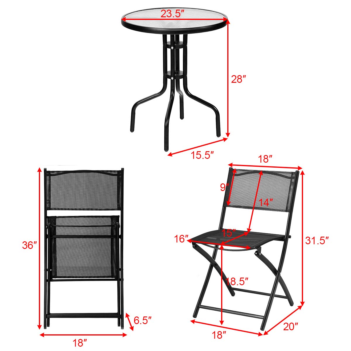 Tangkula 3 Pieces Folding Patio Bistro Set, Outdoor Folding Chairs & Table Set