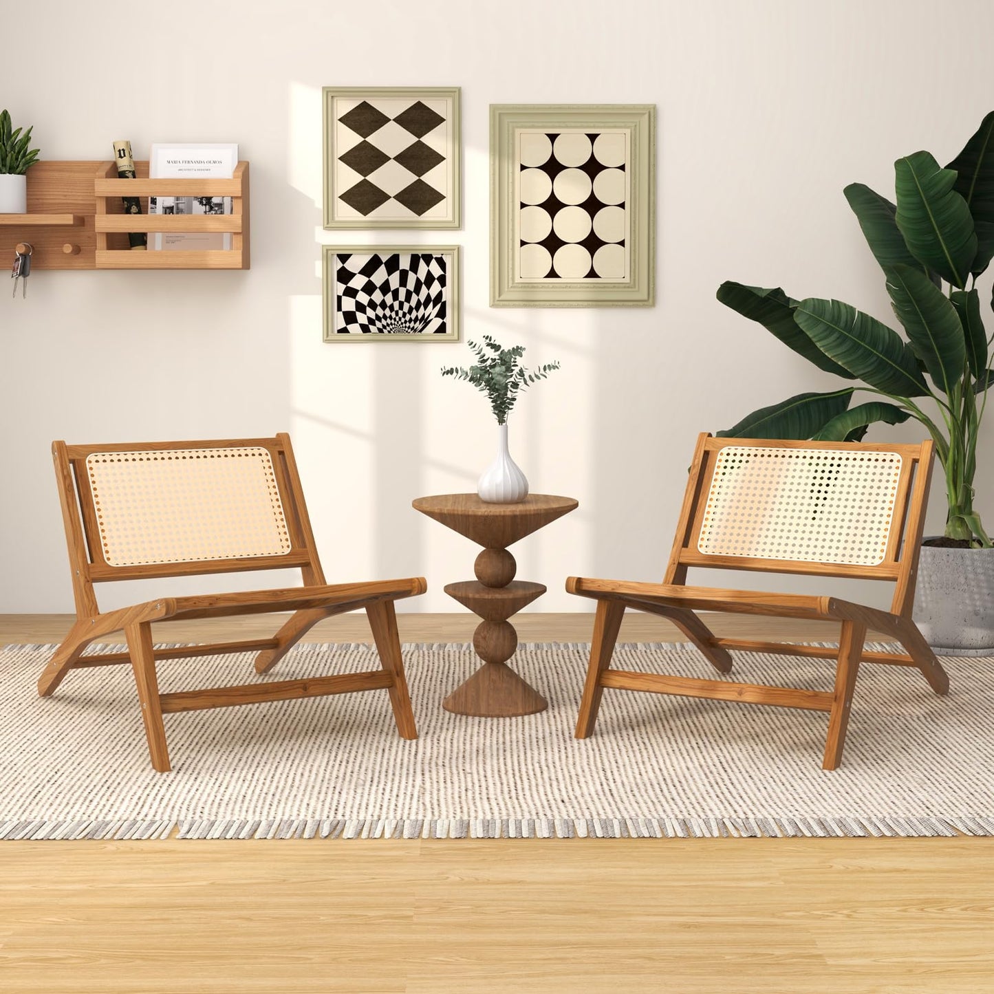 Tangkula Teak Wooden Chair, Mid Century Modern Accent Chair with Handwoven Rattan Seat & Backrest for Living Room Bedroom Office Indoor