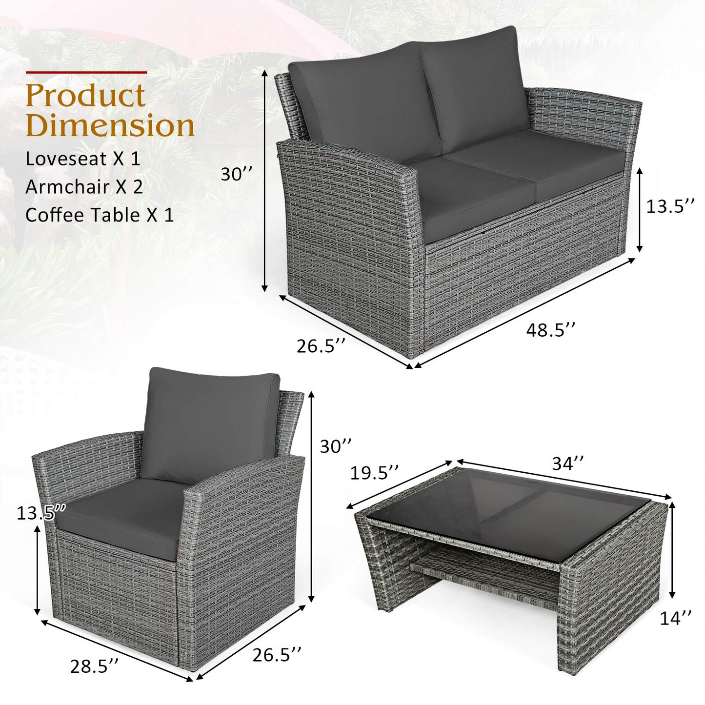 Tangkula 4 Pieces Patio Furniture Set, Outdoor Conversation Set with Cushions and Coffee Table