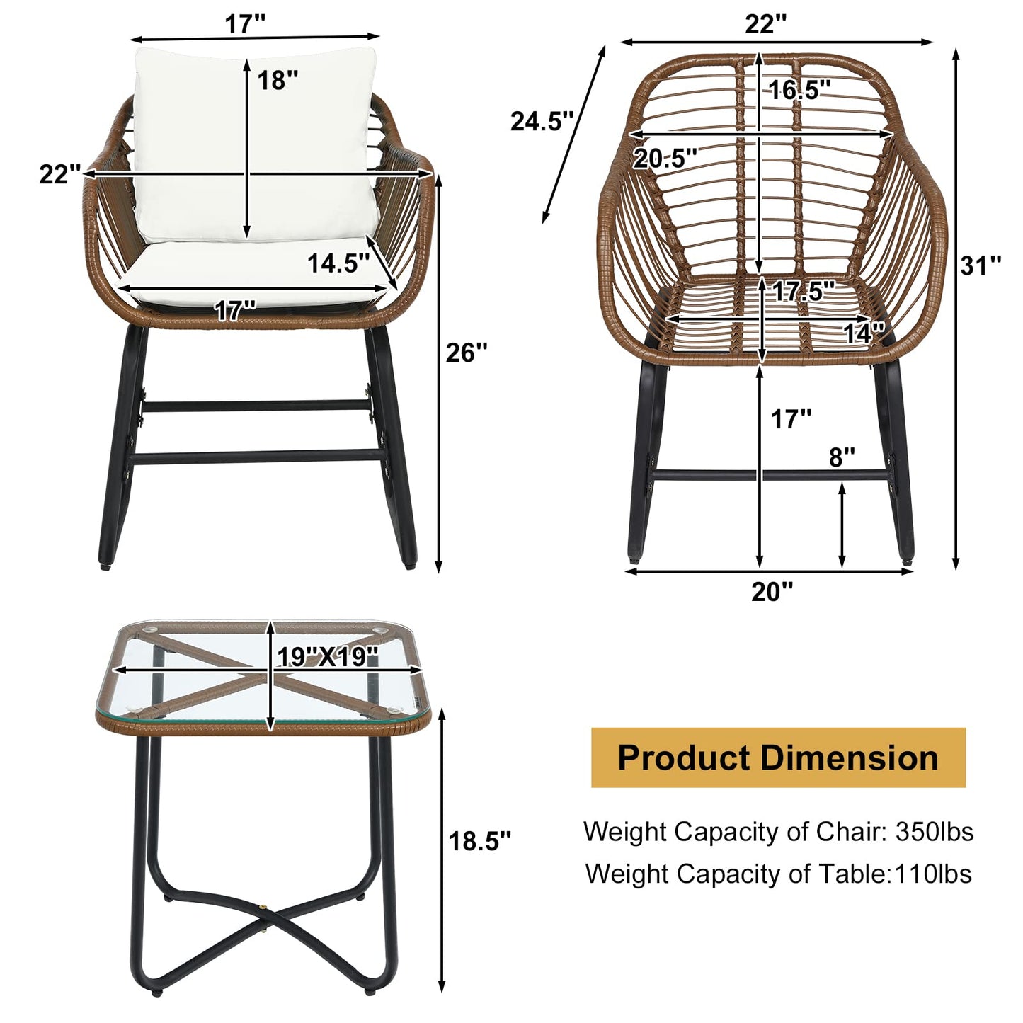 Tangkula 3 Pieces Patio Bistro Set with Comfortable Cushions & Adjustable Foot Pads