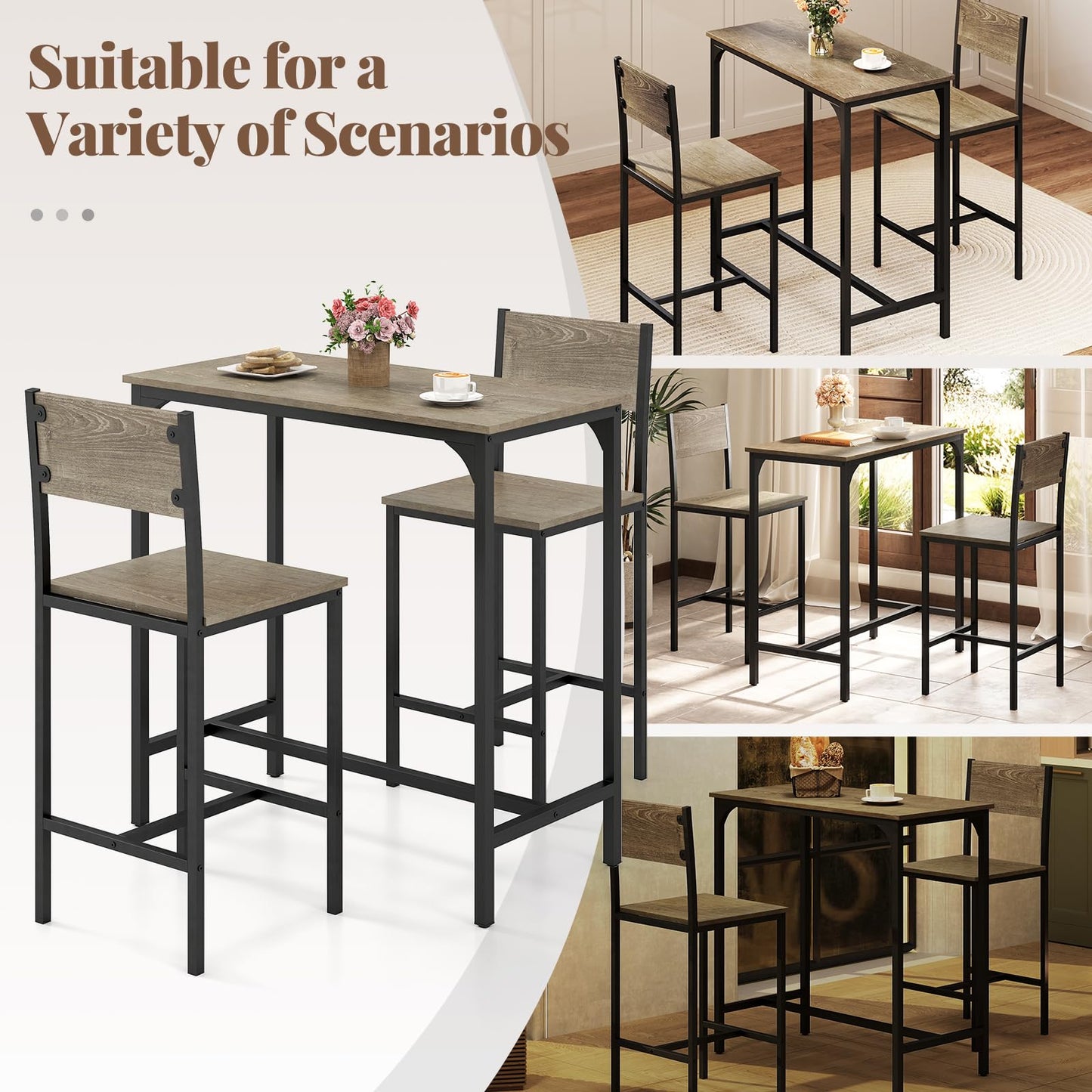 Tangkula 3 Piece Counter Height Bar Table Set Pub Table and Chairs