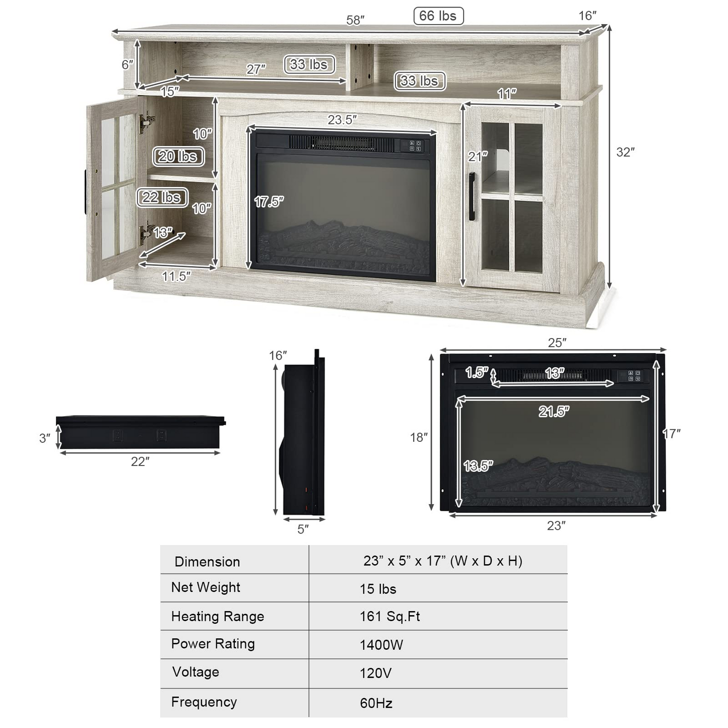 Tangkula Fireplace TV Stand for TVs Up to 65 Inch, Electric Fireplace TV Console w/Remote Control, Overheat Protection
