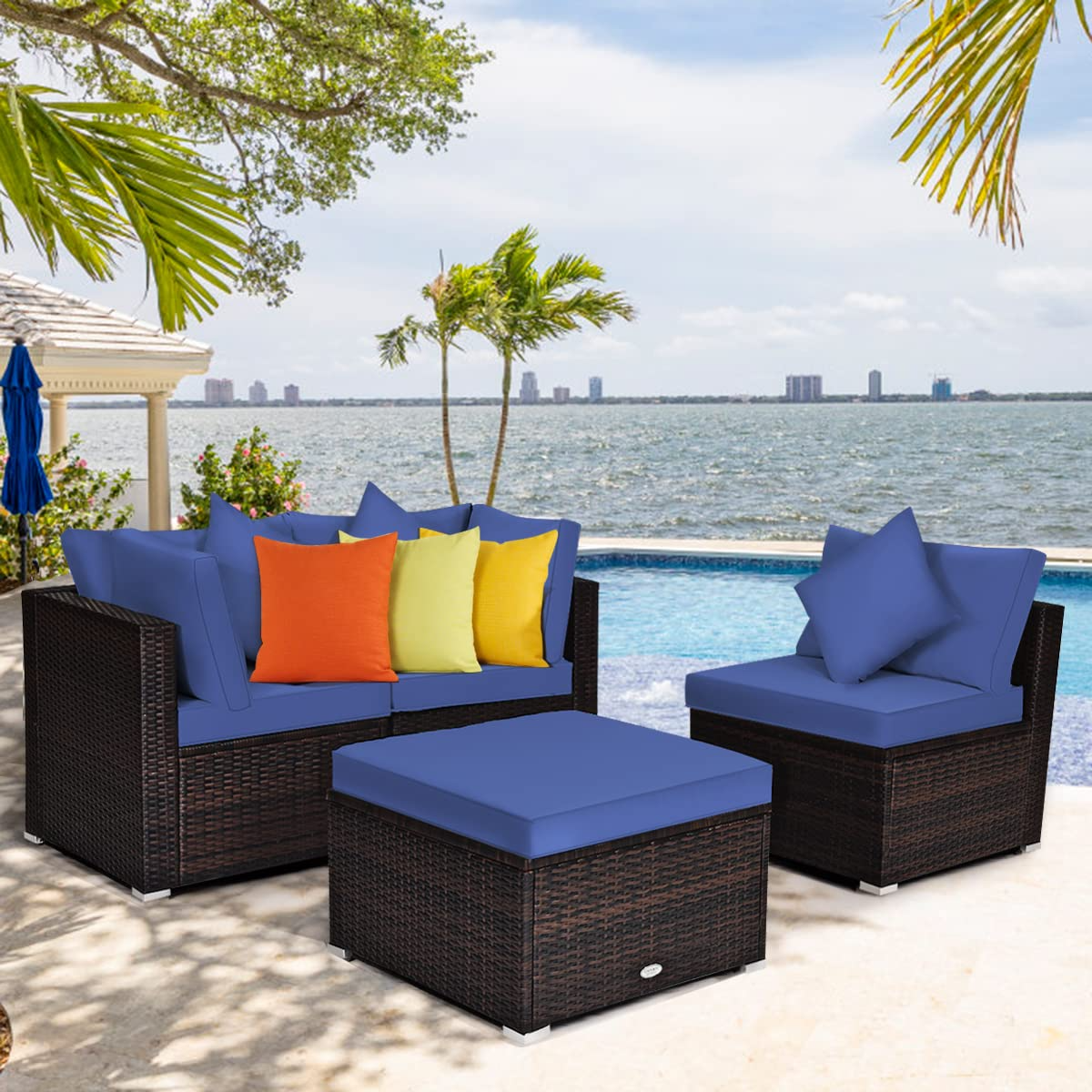 Tangkula Patio Rattan Sofa Set, Outdoor Wicker Sectional Furniture Set