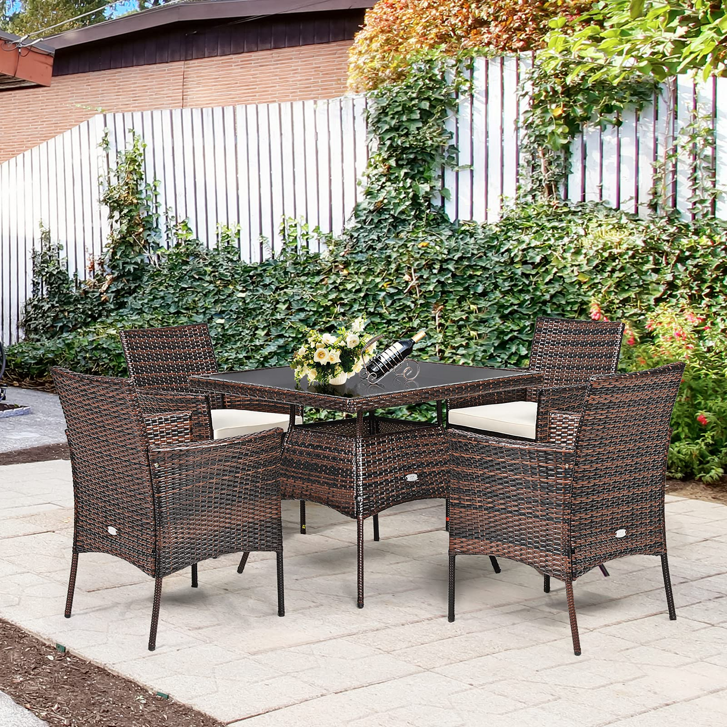 Tangkula 5 Pieces Wicker Patio Dining Set, Outdoor PE Rattan Chairs Table Set with 4 Seat Cushions