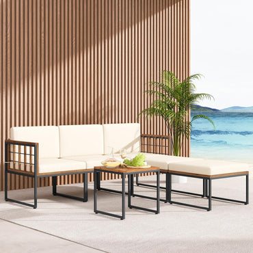 Tangkula Ensemble de mobilier de jardin en bois d'acacia 6 pièces, canapé d'angle d'extérieur Patiojoy avec coussins