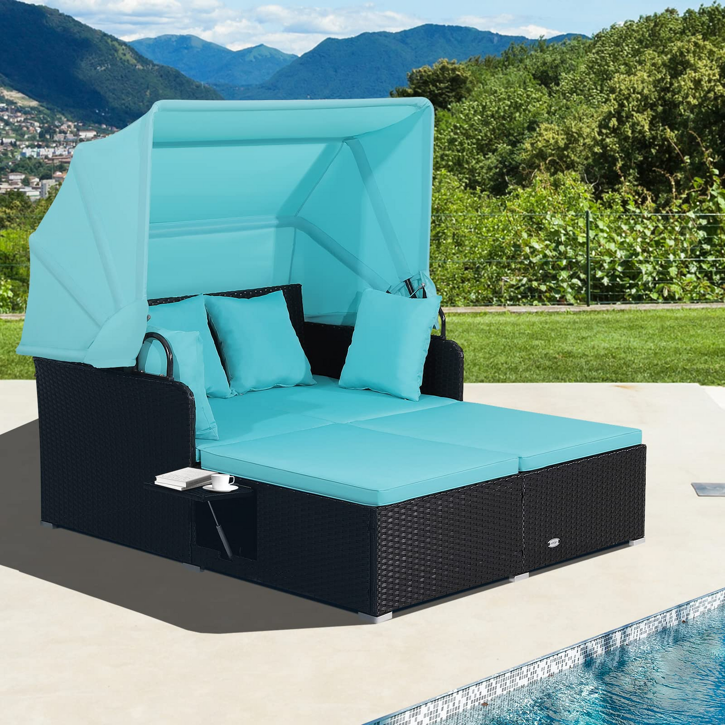 Tangkula Patio Rattan Daybed, Patiojoy Wicker Daybed Loungerw/Retractable Canopy, 2 Foldable Side Panels
