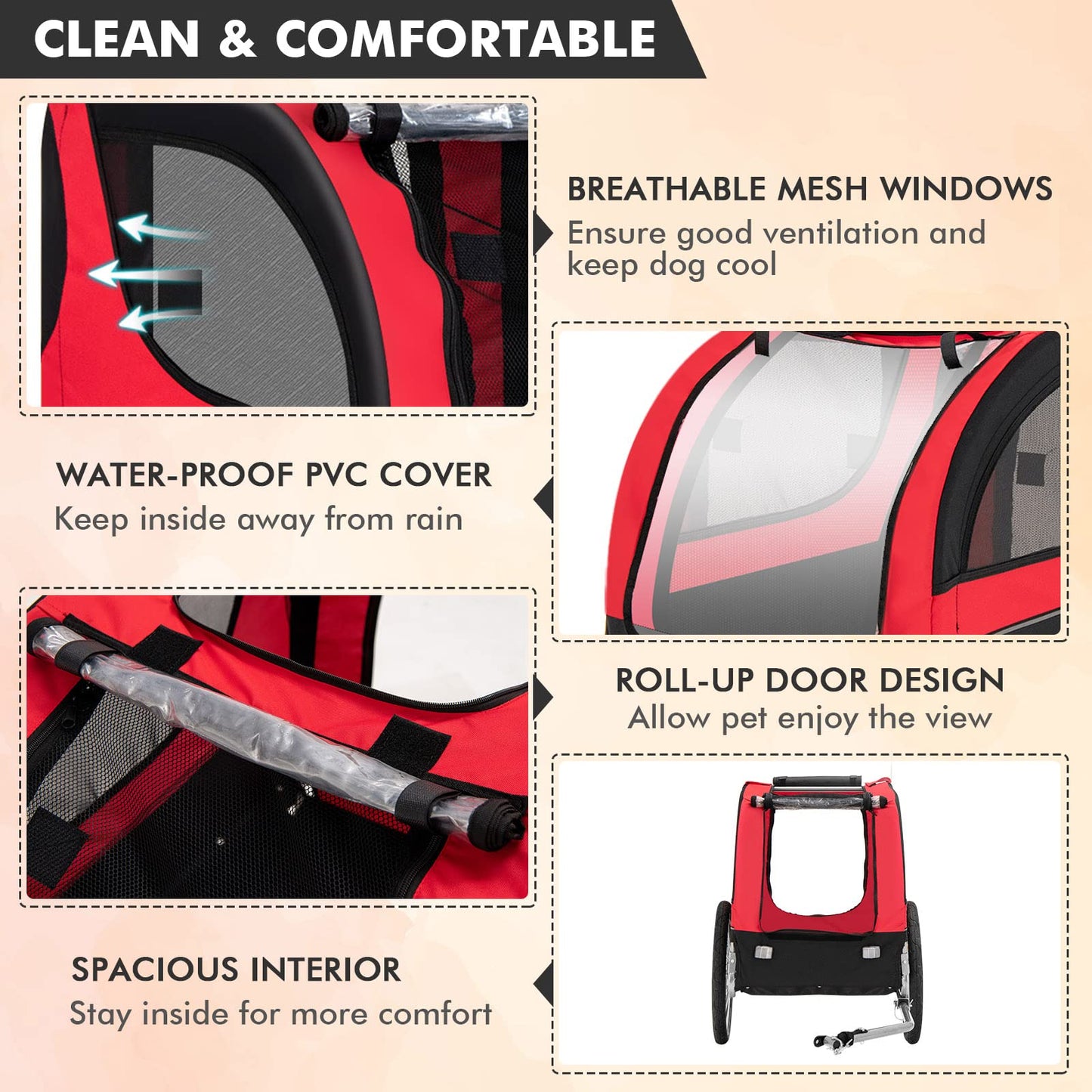Tangkula Dog Bike Trailer, Breathable Mesh Dog Cart with 3 Entrances, Safety Flag