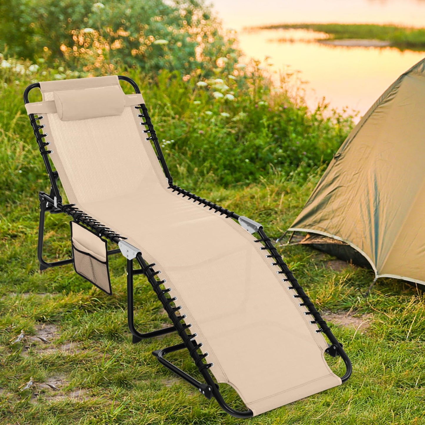 Tangkula Foldable Beach Lounge Chair for Outdoor, Reclining Chair with Removable Headrest