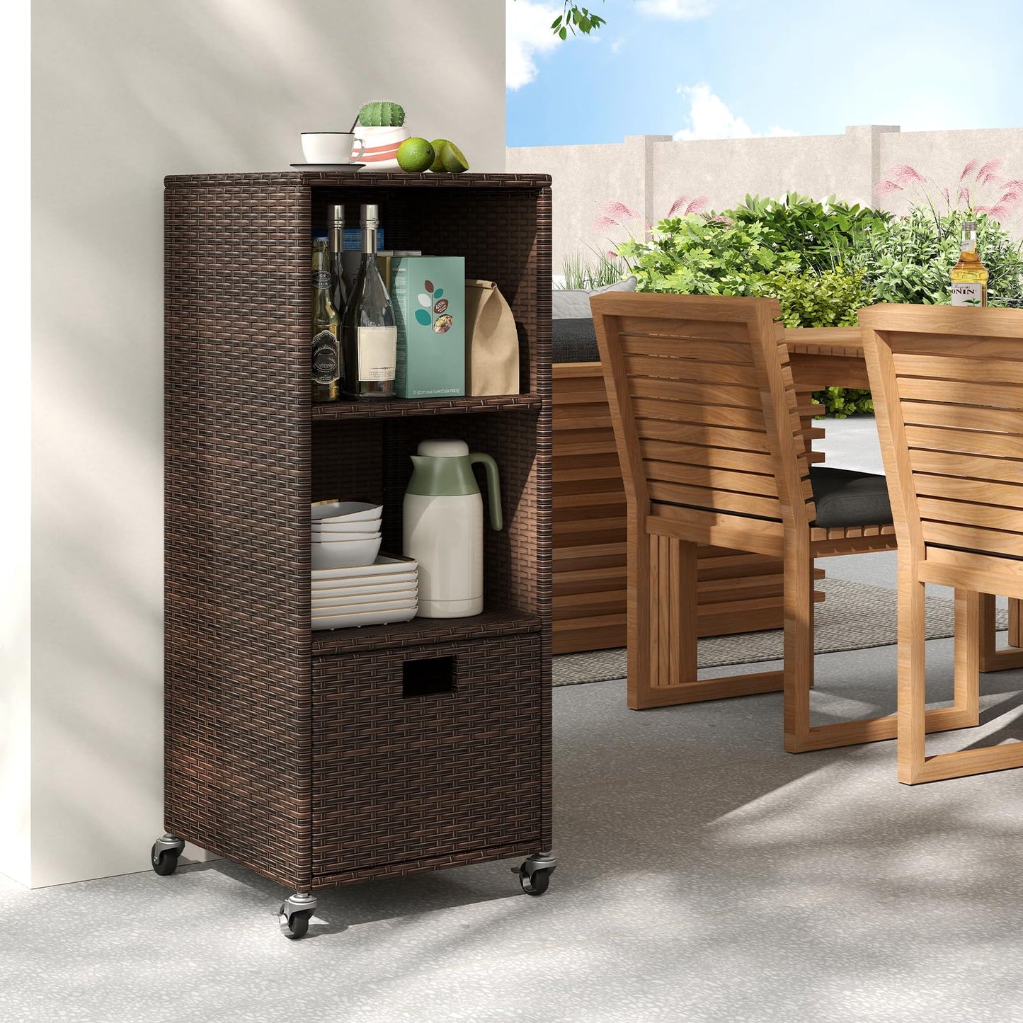 Tangkula Rattan Outdoor Storage Cabinet for Backyard Poolside Porch