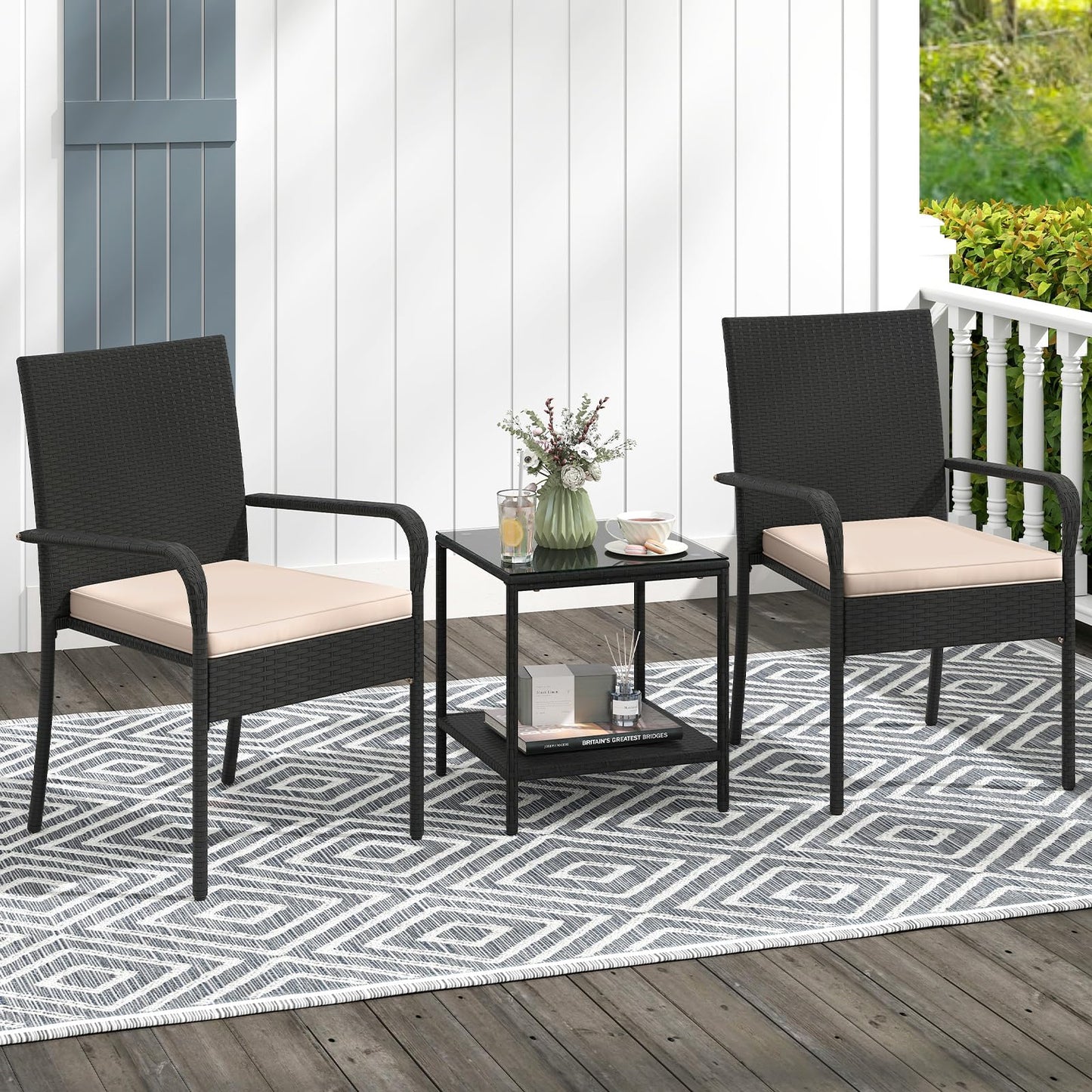 Tangkula 3 Pieces Patio Furniture Set with 2 Tier Tempered Glass Tabletop Table