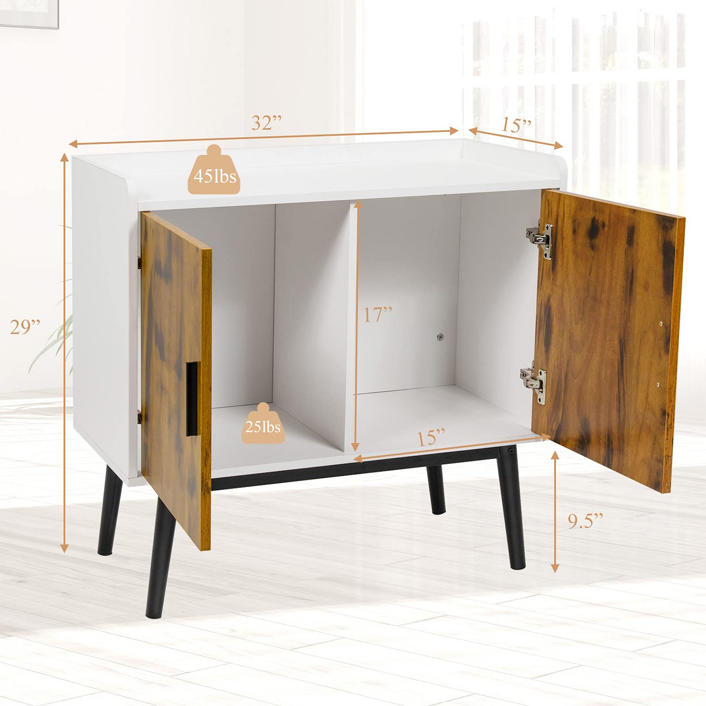 Tangkula Mid Century Storage Cabinet, Floor Storage Cabinet with 2 Doors & Metal Legs, Rustic Brown
