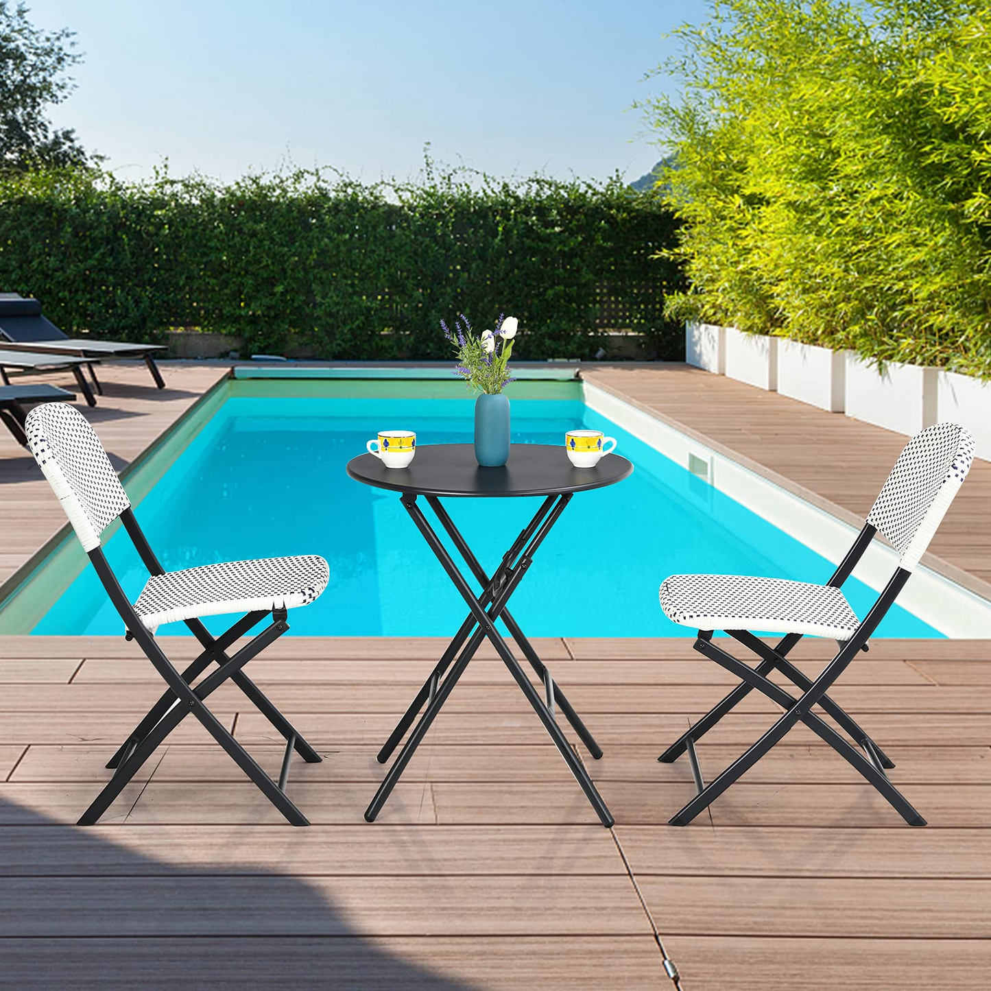 Tangkula 3 Pieces Patio Rattan Bistro Set, Outdoor Folding Dining Furniture Set with Round Dining Table and 2 Chairs