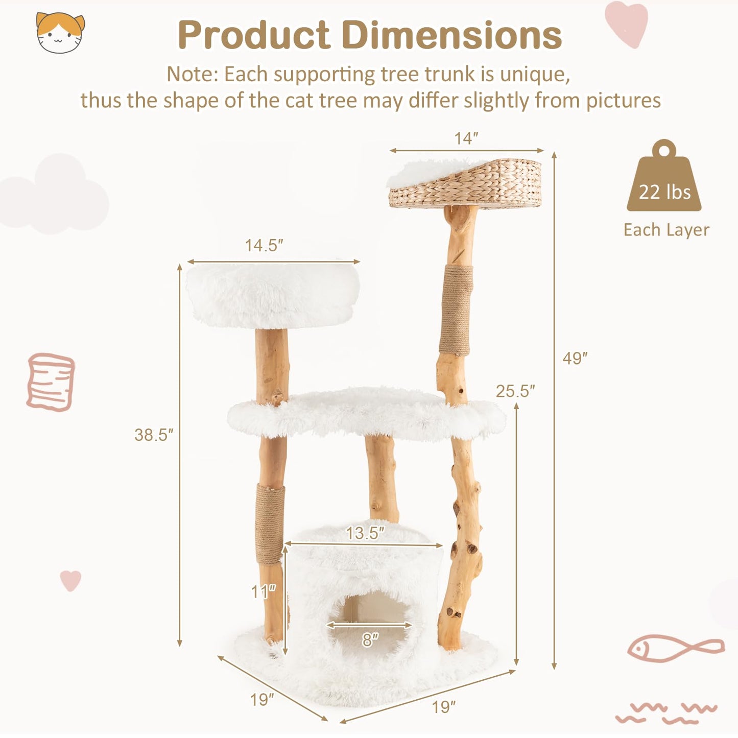 Tangkula Cat Tree Tower Solid Wood Modern Cat Tower with Top Cattail Basket Bed