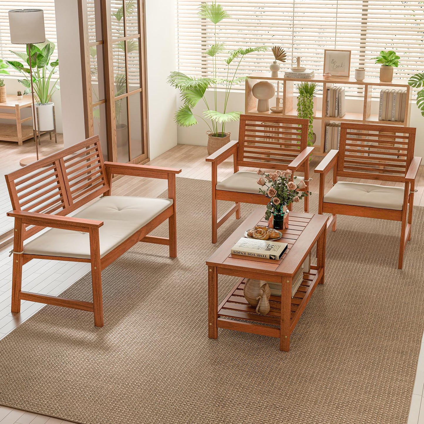 Tangkula 4 Piece Patio Conversation Set Wood Sofa Set with Soft Seat Cushions 2-Tier Rectangle Coffee Table