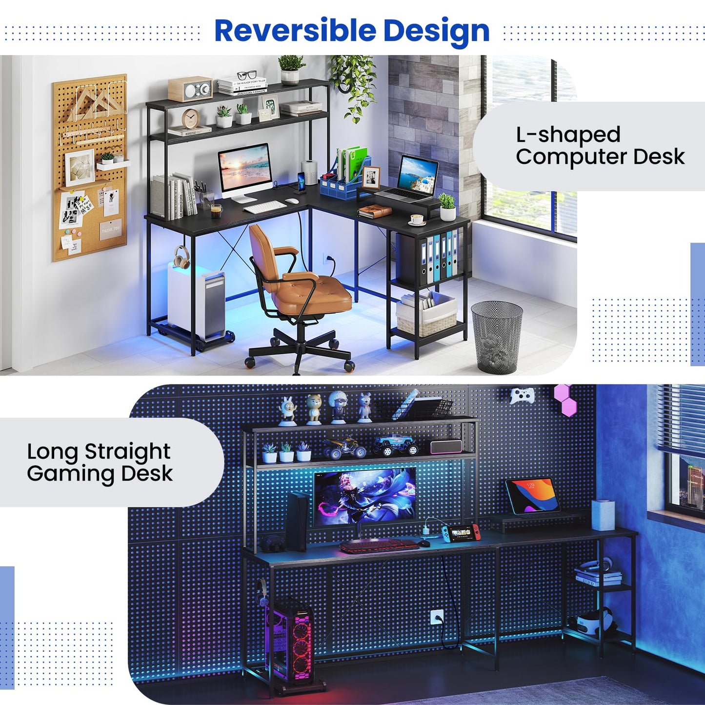 Tangkula L-Shaped Desk with LED Strip & Power Outlets