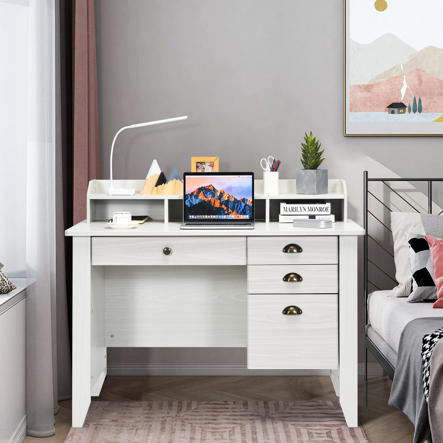 Tangkula 48" Computer Desk with 4 Storage Drawers & Hutch, Home Office Desk Vintage Desk