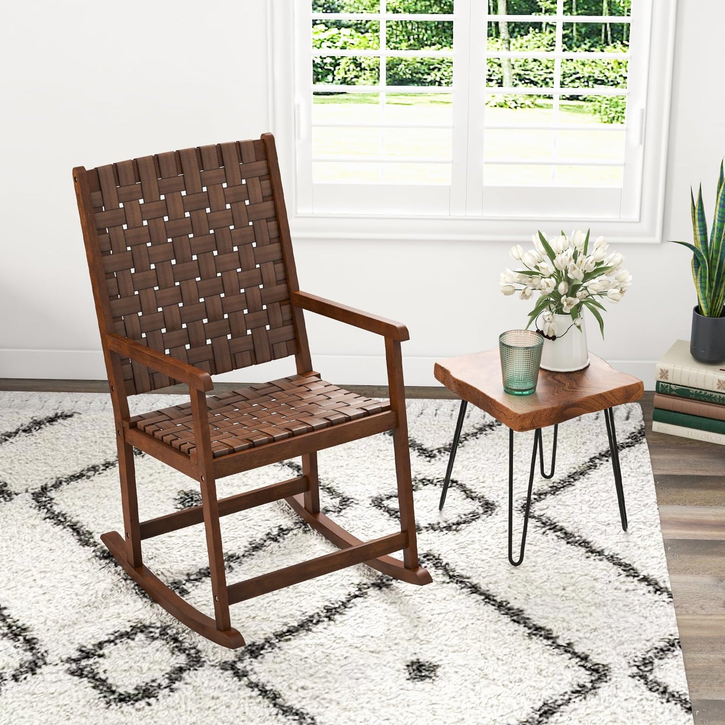 Tangkula Wood Rocking Chair, Indoor Outdoor Rocking Chair, Safe & Smooth Rocking Motion
