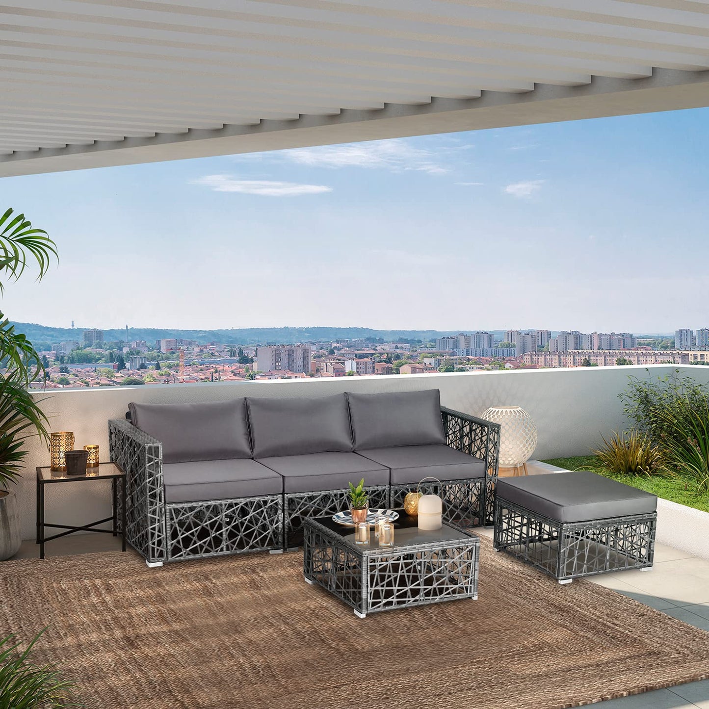 Tangkula 5 Pieces Patio Furniture Set, Patiojoy All Weather Heavy Duty Outdoor PE Rattan (Grey)