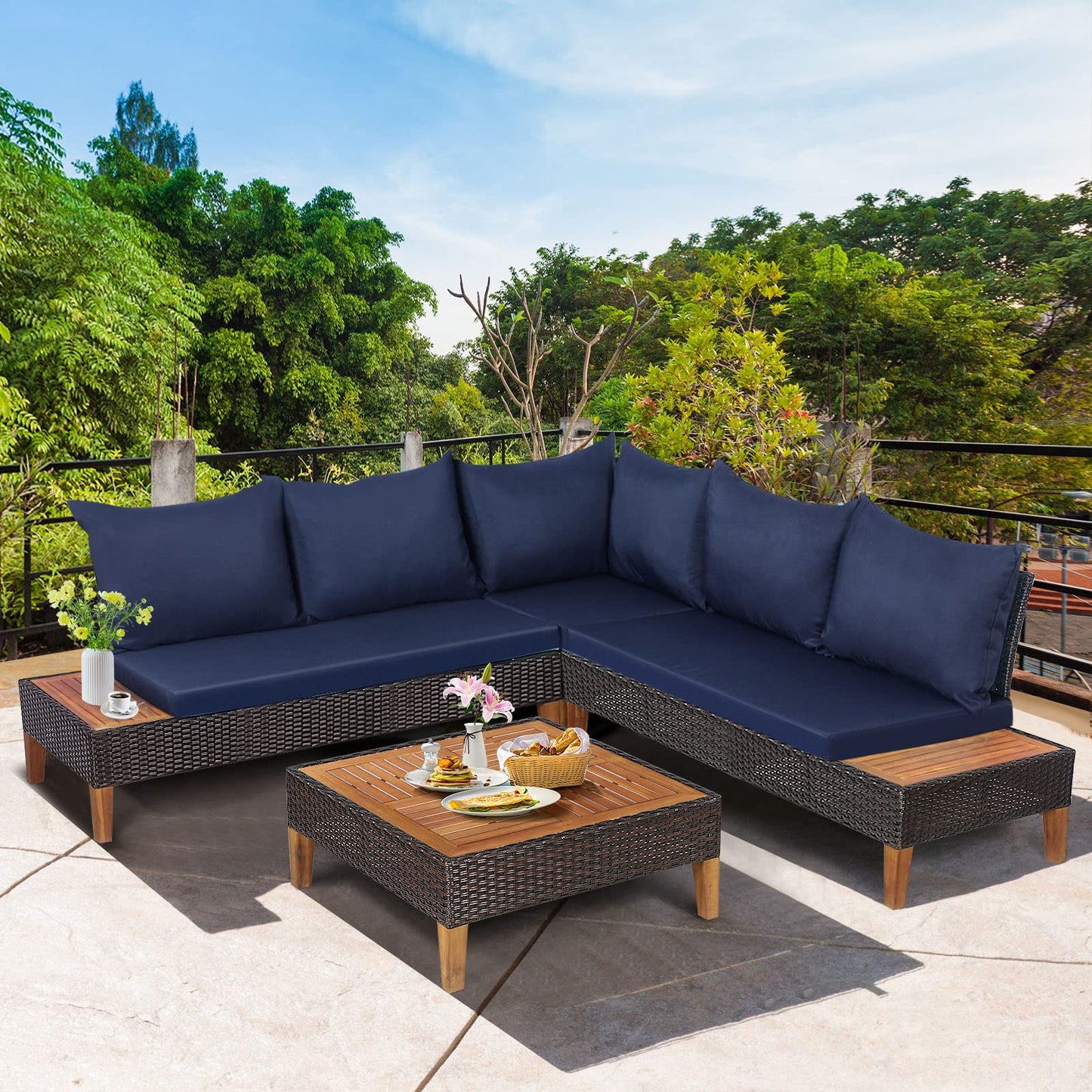 4 Pieces Acacia Wood Patio Conversation Set, Sofa Set with Coffee Table, Corner Sofa & 2 Loveseats