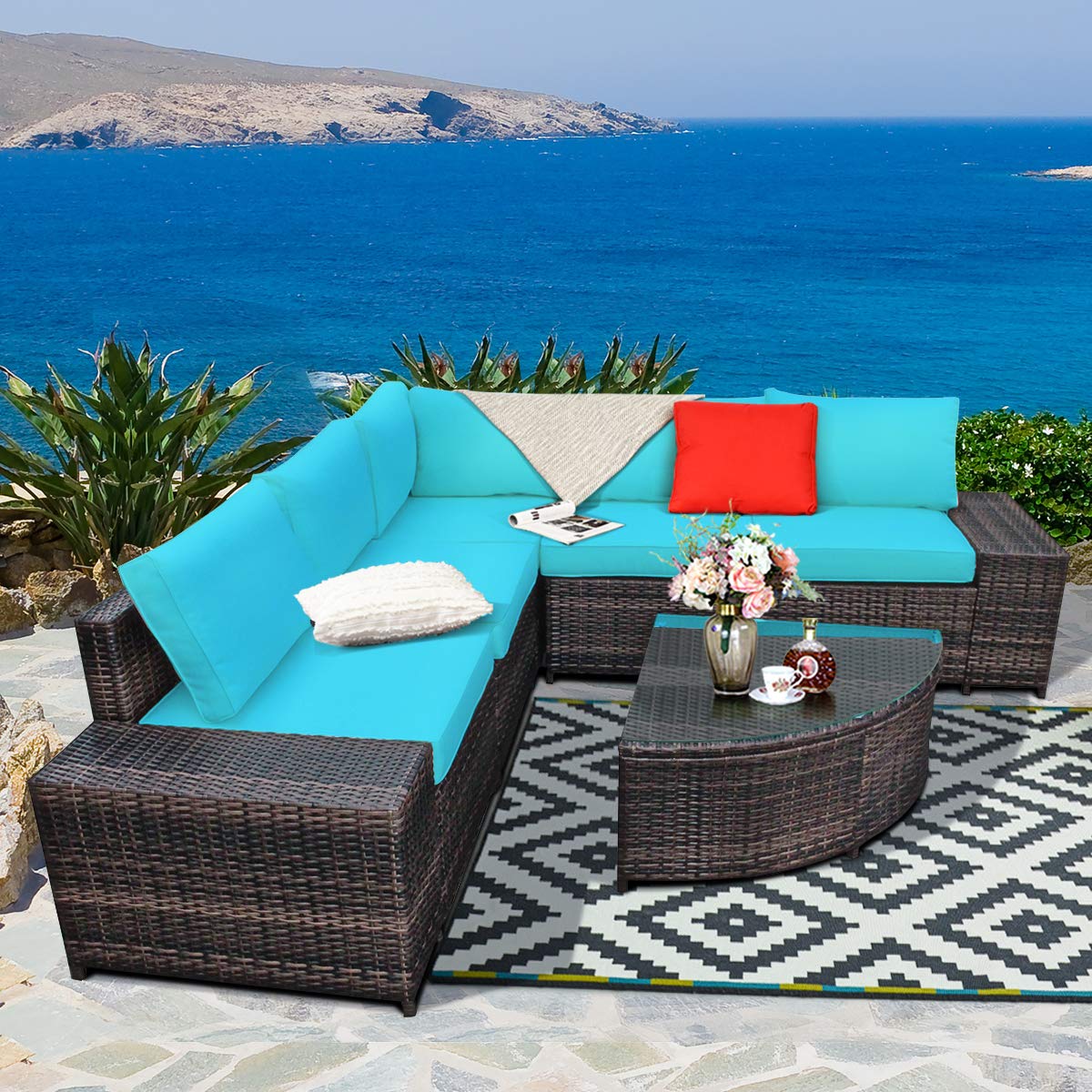 Tangkula 6 Piece Wicker Patio Furniture Set for Backyard