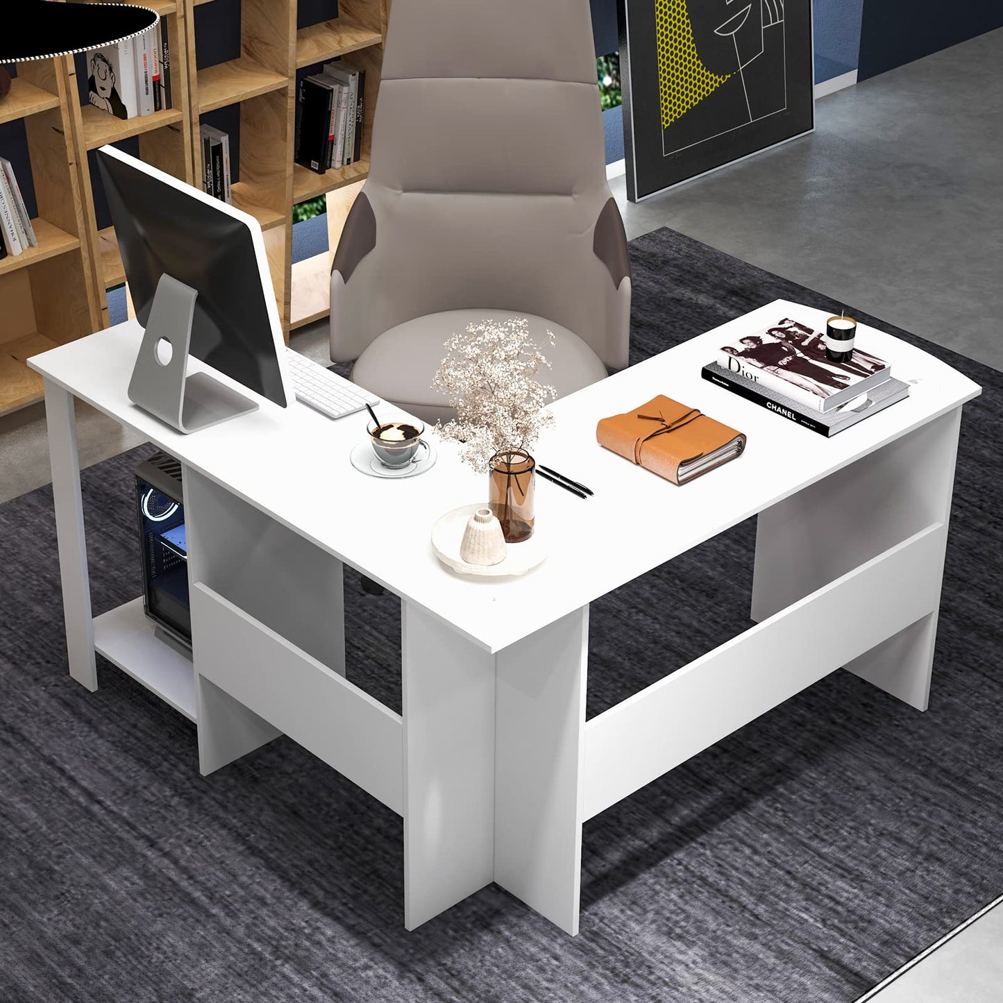 Tangkula White L Shaped Desk with Storage Shelves
