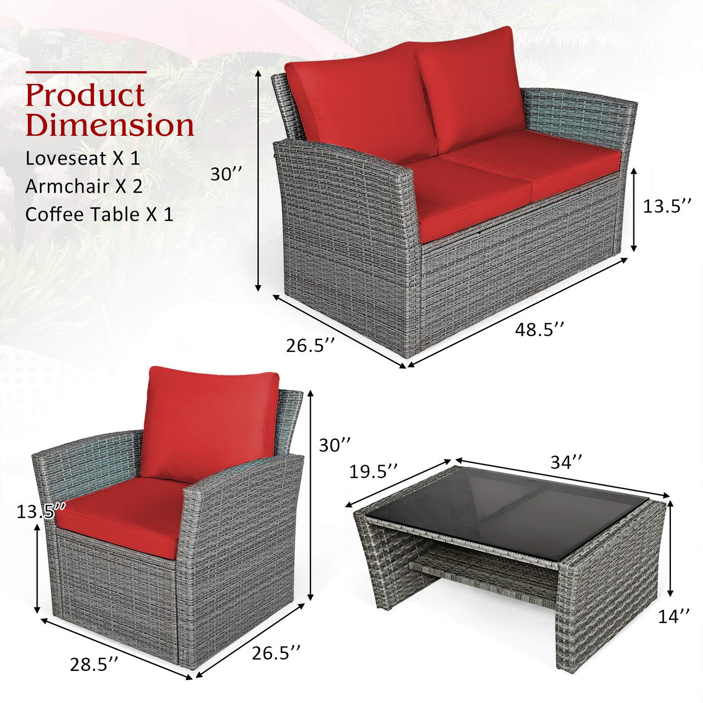 Tangkula 4 Pieces Patio Furniture Set, Outdoor Conversation Set with Cushions and Coffee Table