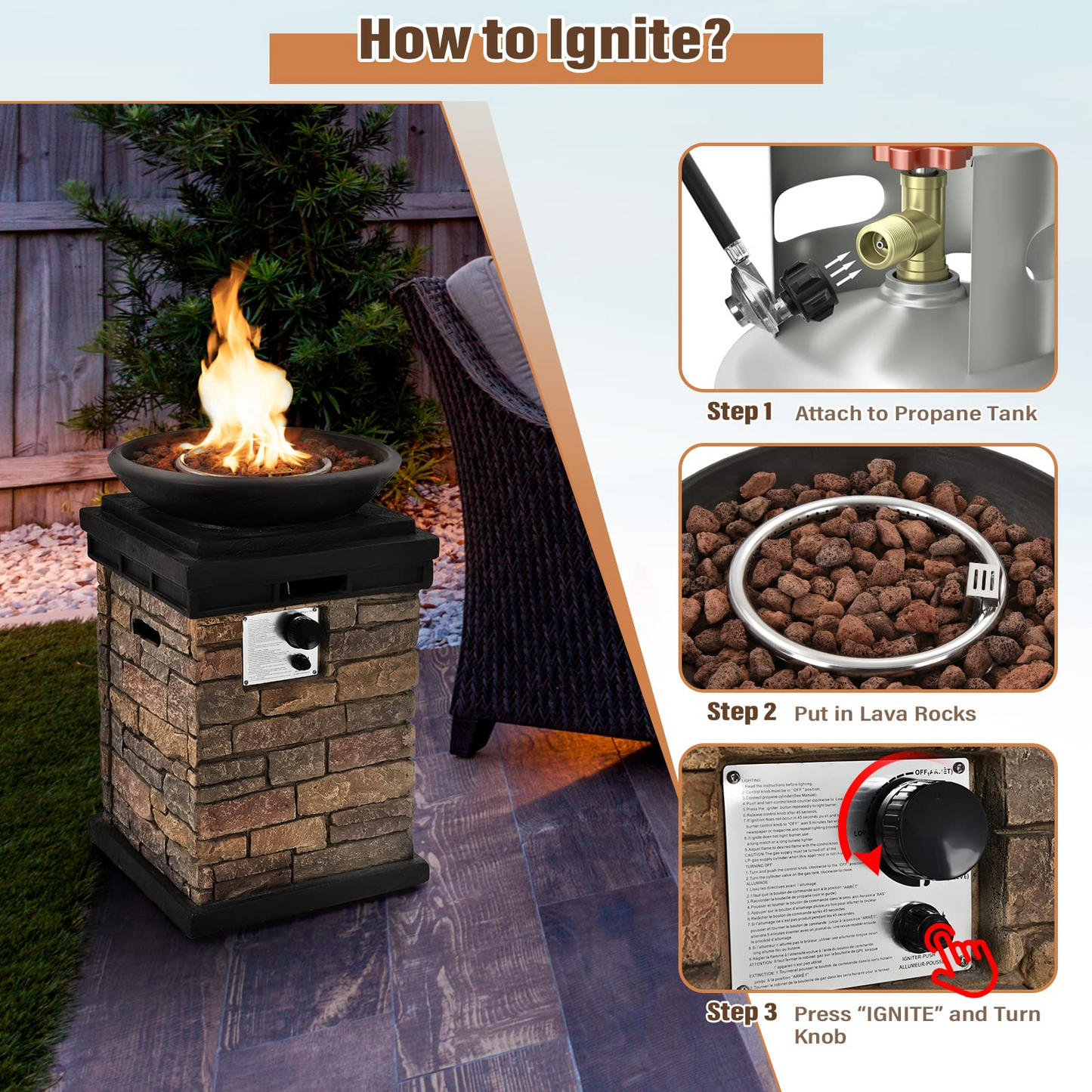 Tangkula Patio Propane Fire Bowl, Patiojoy 40,000BTU Square Fire Pit with Round Bowl, Lava Rocks & Waterproof Cover