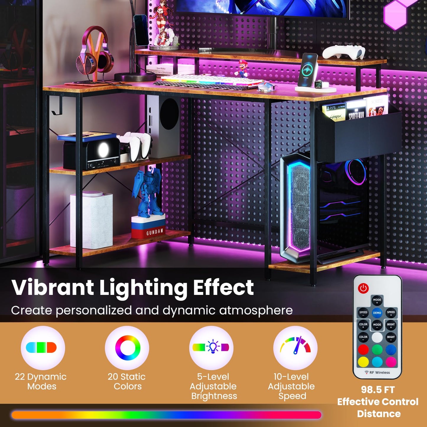 Tangkula L-Shaped Gaming Desk with LED Lights & Power Outlets