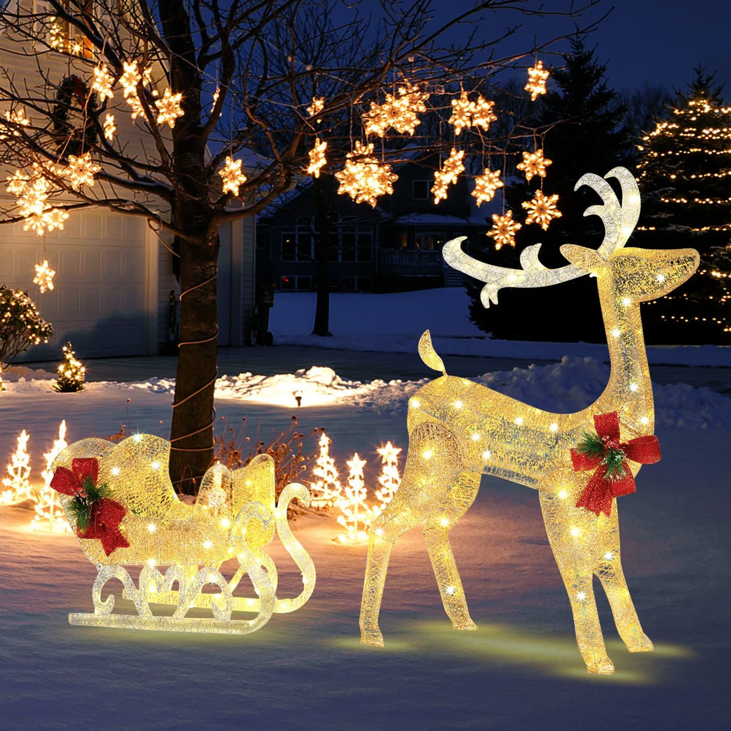Tangkula 4.7 FT Lighted Christmas Reindeer & Sleigh, Xmas Lighted Outdoor Decoration with 100 Warm Lights