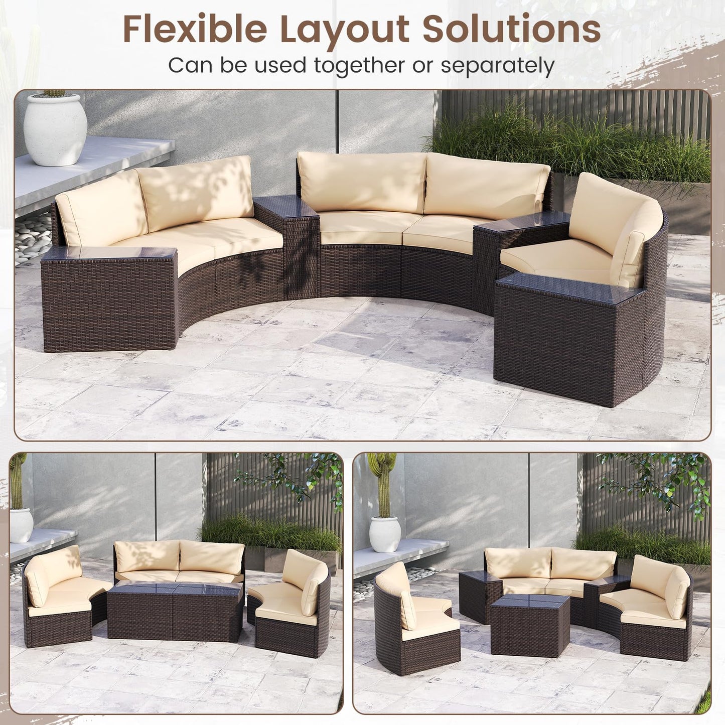 Tangkula 5 Pieces Patio Furniture Set Rattan Half-Moon Curved Sectional Cushioned Sofas