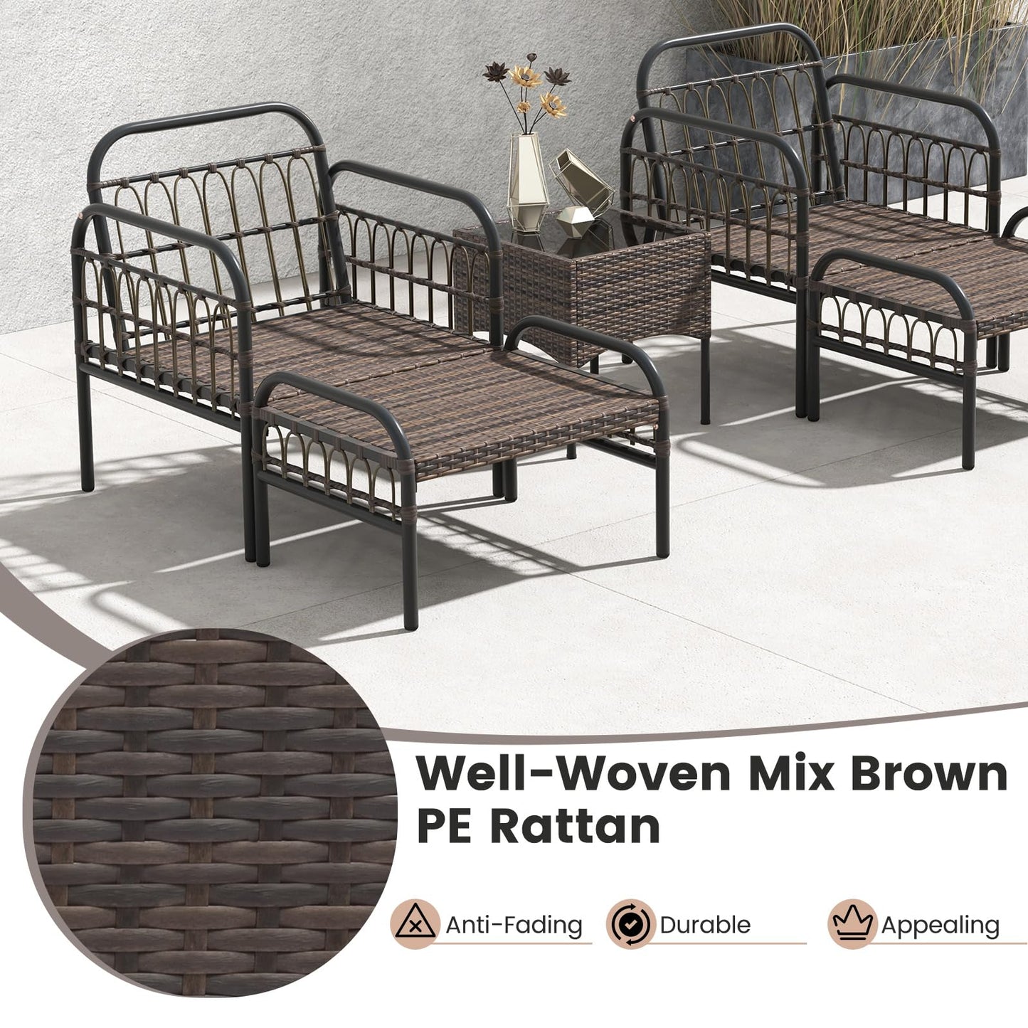 Tangkula 5 Piece Patio Conversation Set, Outdoor Wicker Chair Set w/Ottomans & Coffee Table
