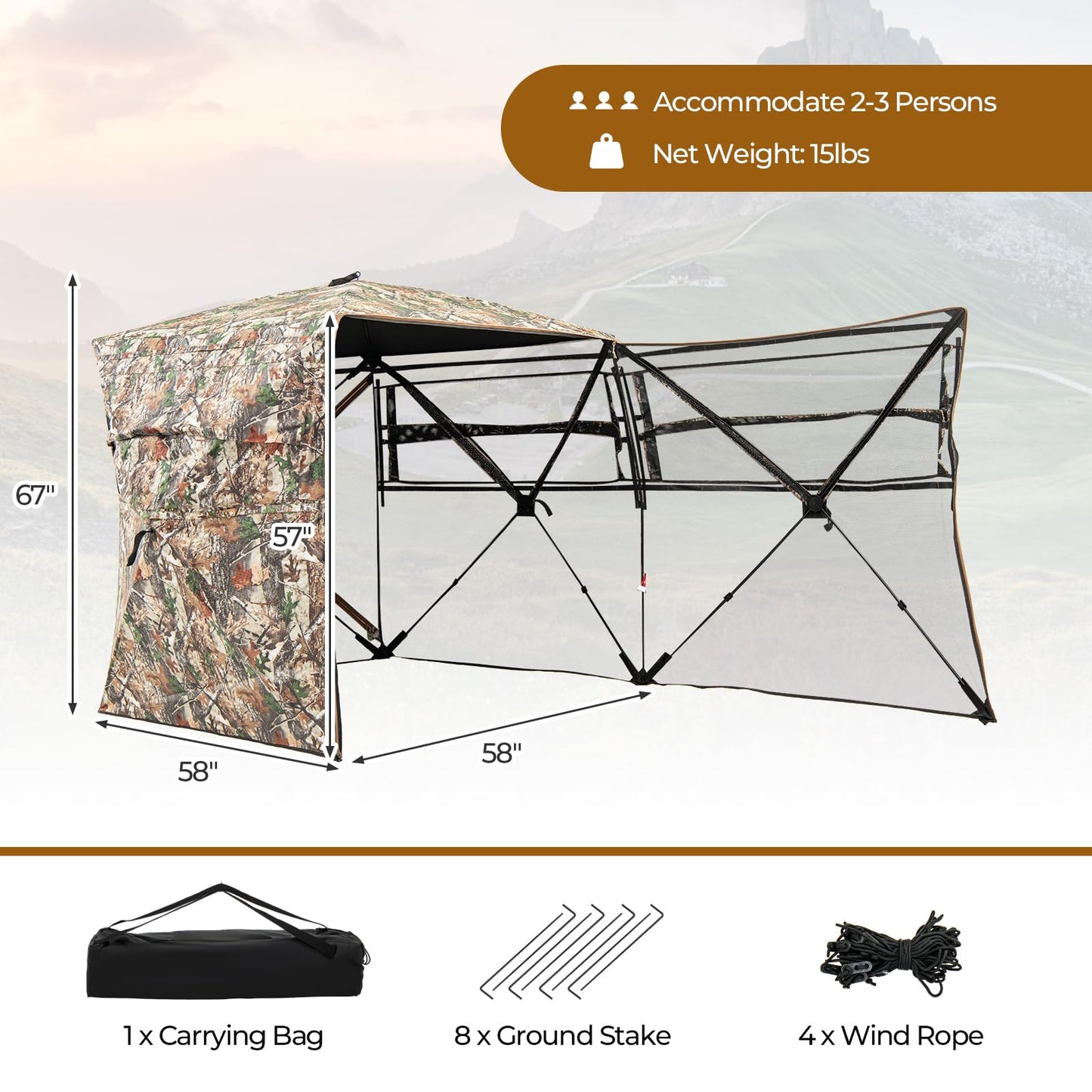 Tangkula 2-3 Person Hunting Blind with Full Open Door, 360 Degree See Through Ground Blind with Silent Slide Windows