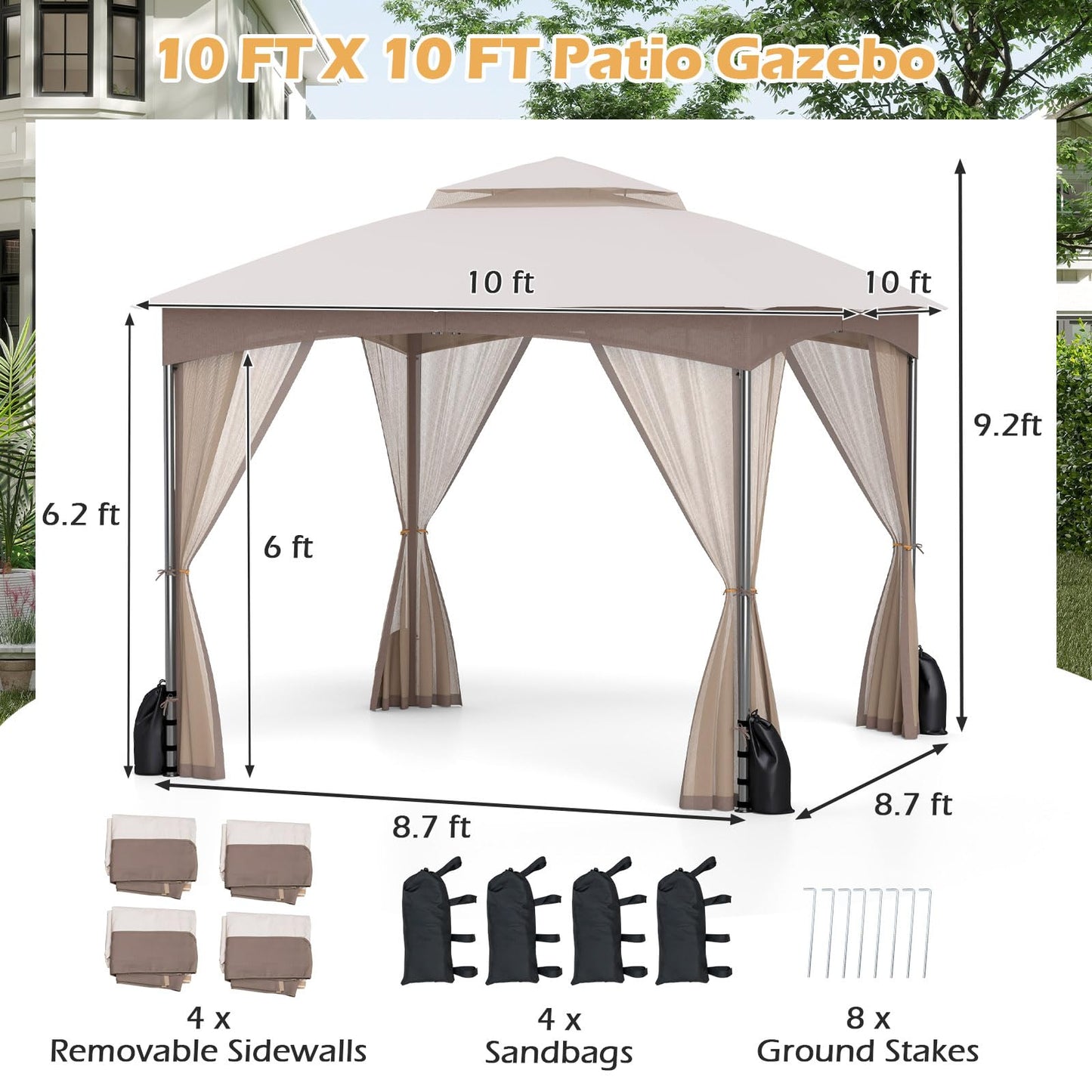 Tangkula 10x10 FT Outdoor Gazebo with Netting for Yard Garden Lawn