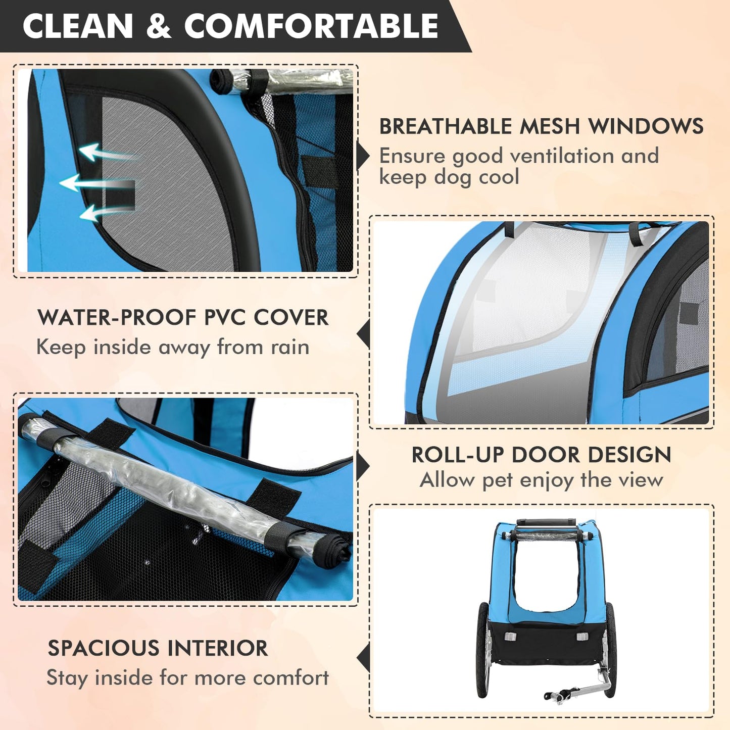 Tangkula Dog Bike Trailer, Breathable Mesh Dog Cart with 3 Entrances, Safety Flag